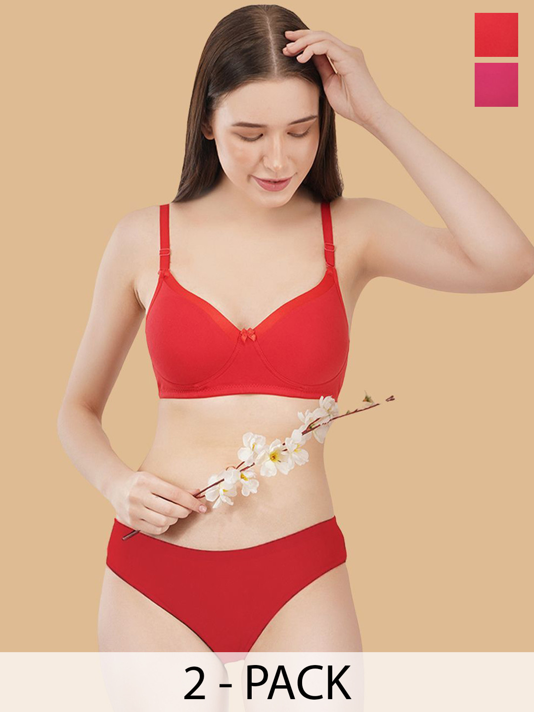 happybra Pack Of 2 Cotton Non-Wired Lightly-Padded Full Coverage Lingerie Set
