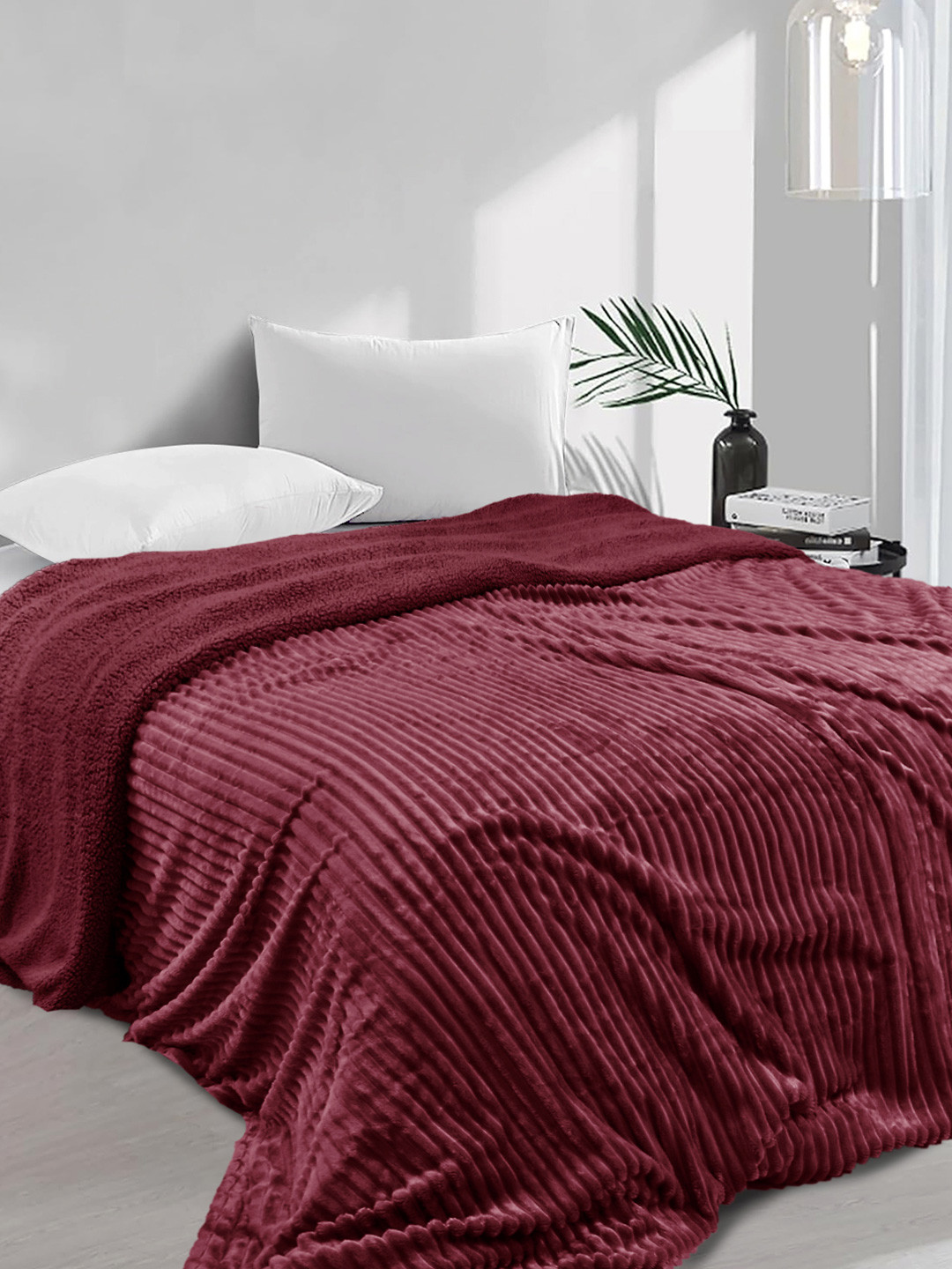 FABINALIV Maroon Striped Woollen Mild Winter 450 GSM Double Bed Comforter