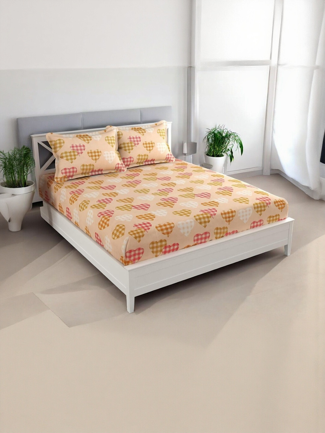 WELLNEST Red 220 TC Cotton Fitted Queen Bedsheets