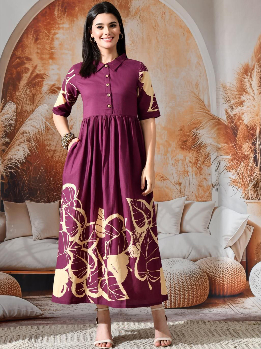 DECKEDUP Blooming Craft Ethnic Motifs Printed Shirt Collar Fit and Flare Maxi Dress