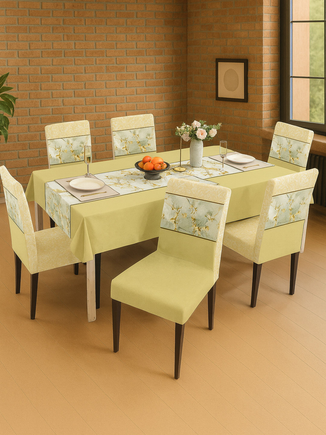 Cortina 7-Pcs Yellow & Grey Printed Table Cover & Dining ChairCoverSet