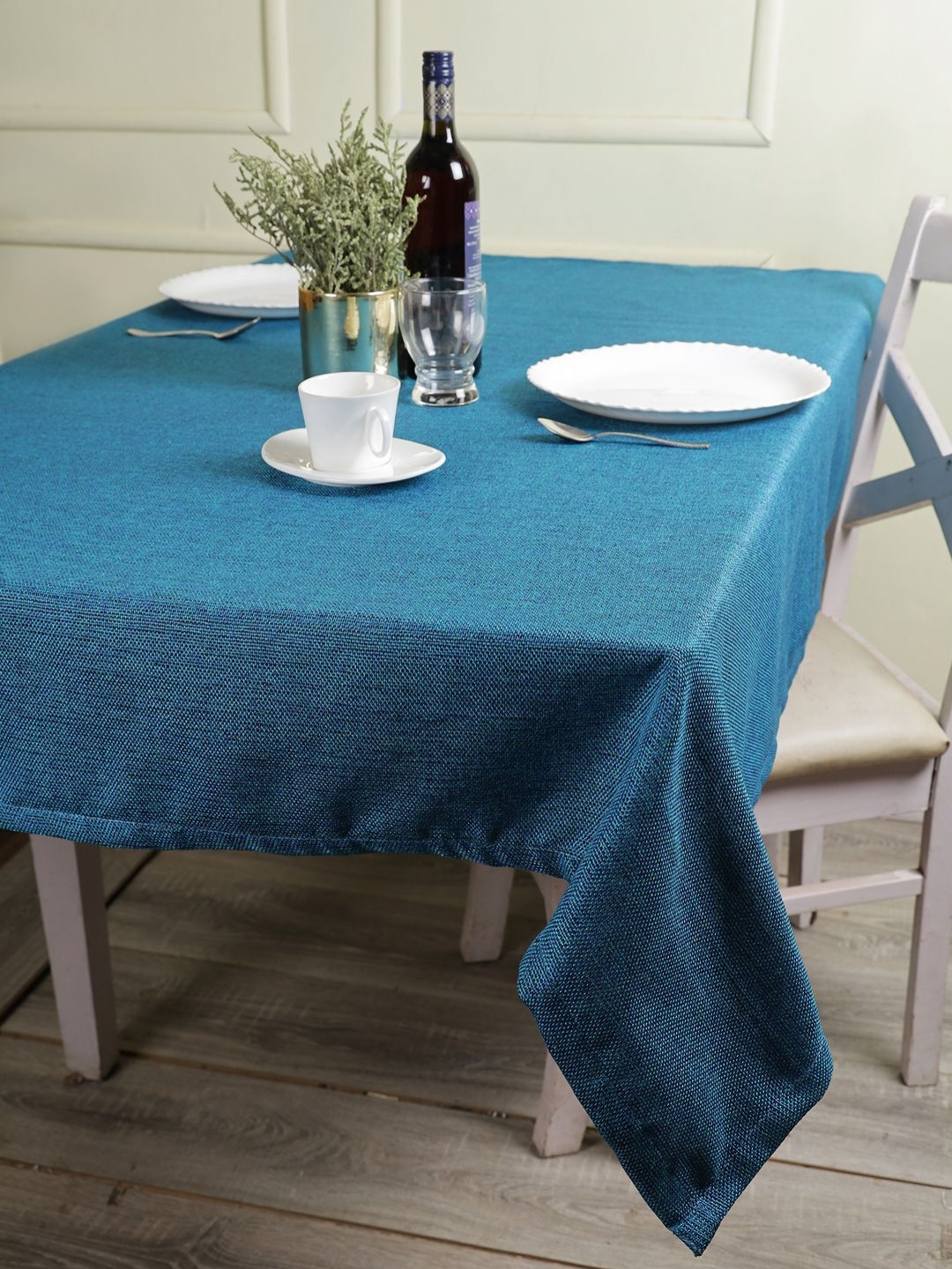THE CONVERSION Turquoise Blue 4-Seater Textured Rectangle Jute Linen Table Cover