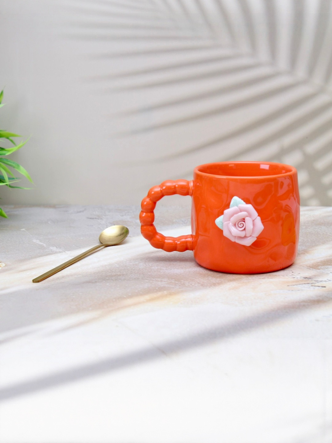 peppy little things Orange & Pink Floral Printed Ceramic Glossy Mugs Set of Cups and Mugs