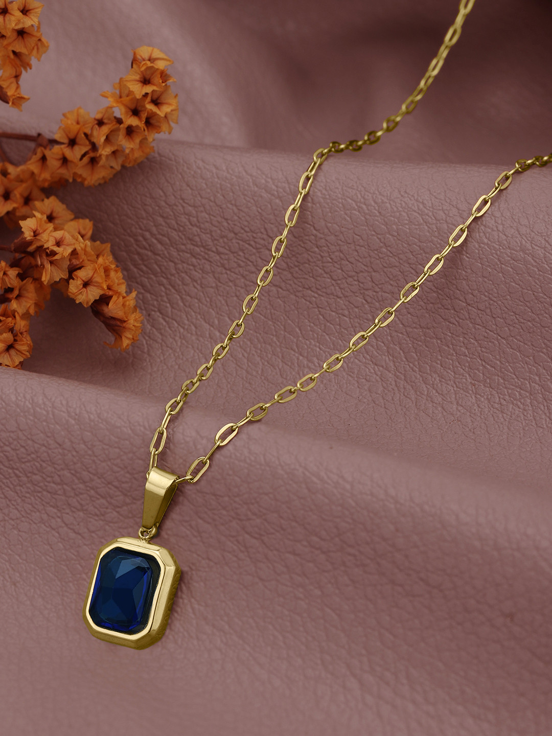 Carlton London Gold Plated Everyday Blue Crystal Square Pendant and Chain
