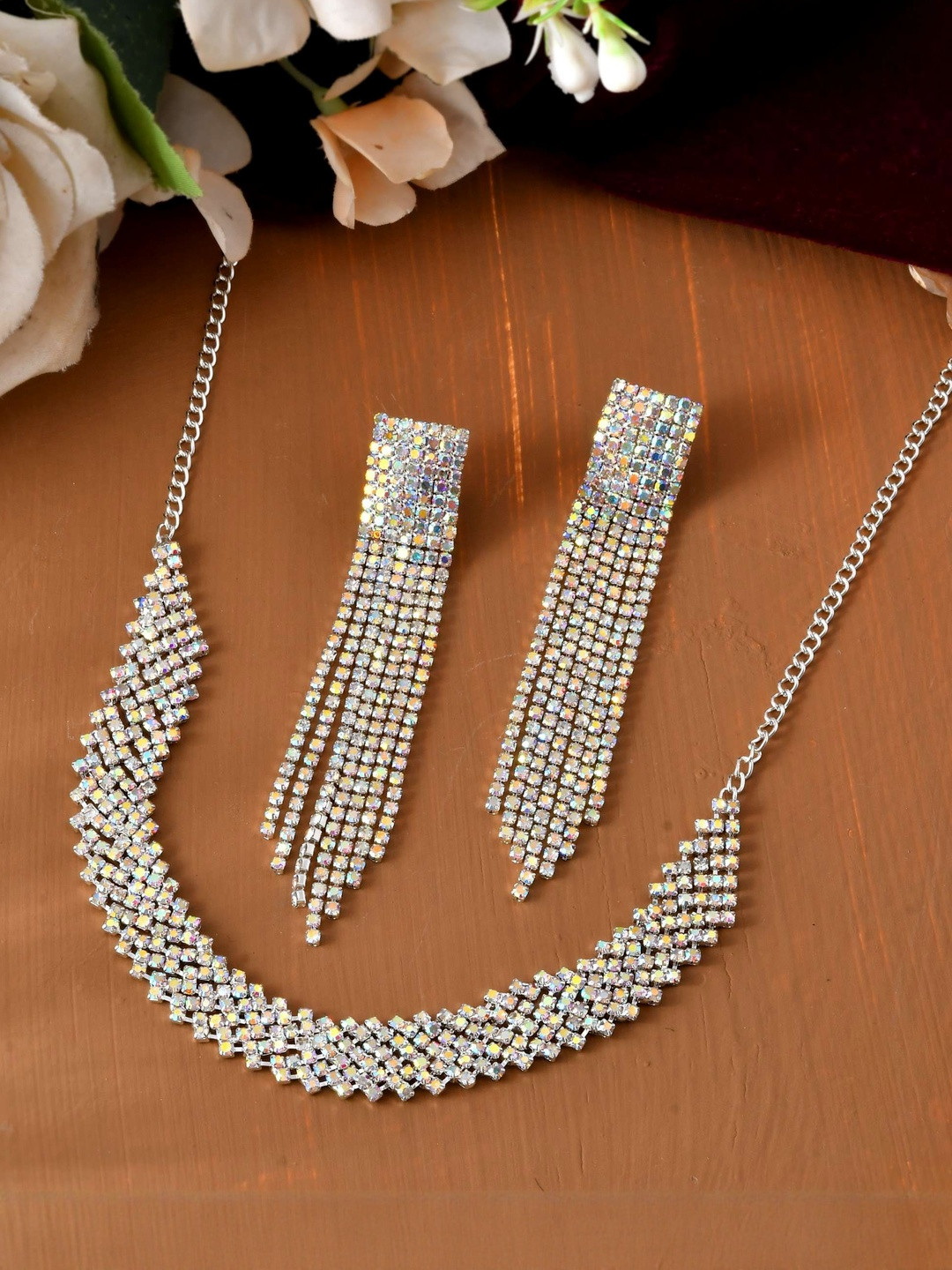 Jewels Nest Stainless Steel Crystals Studded Tasselled Jewellery Set