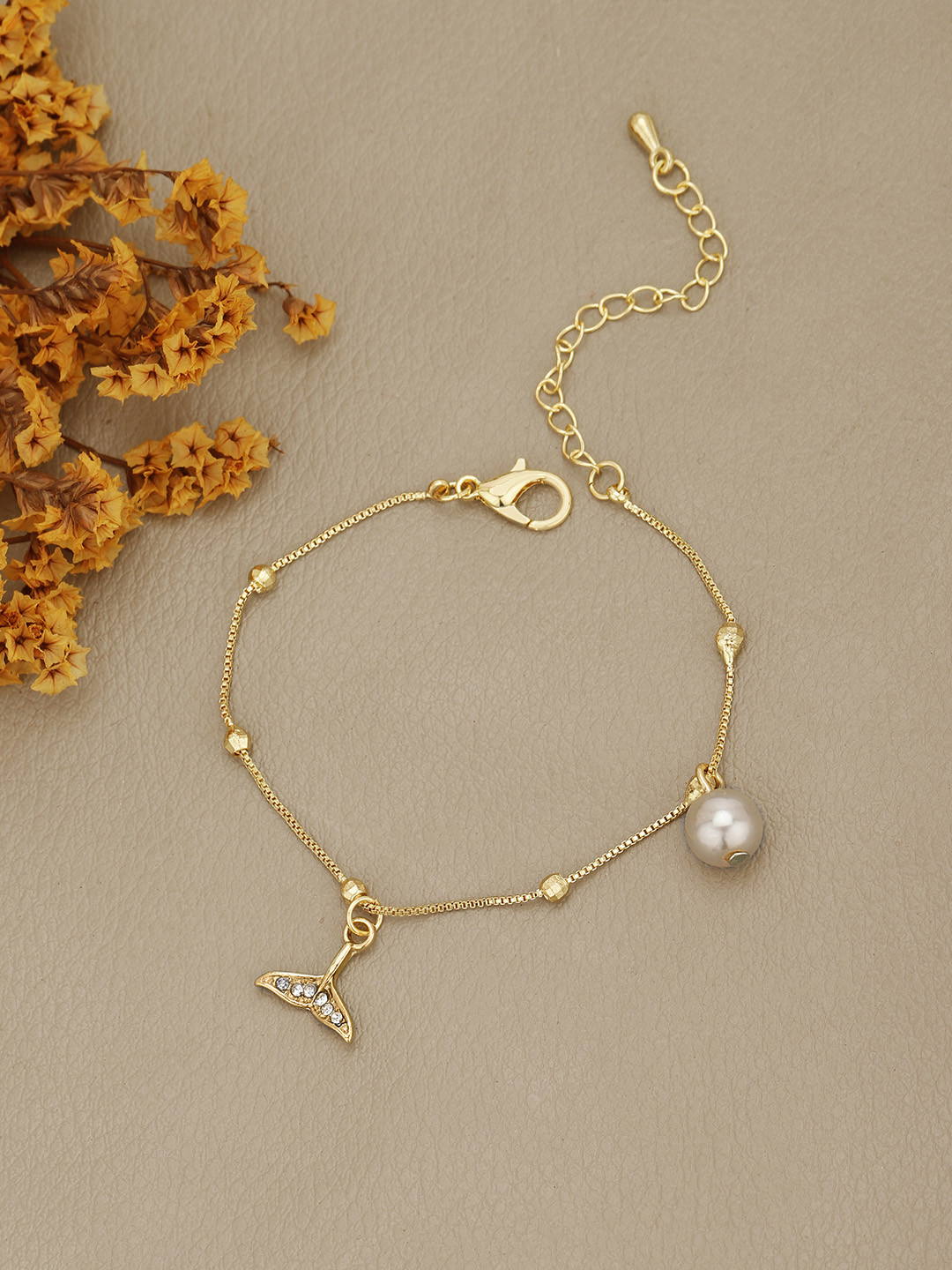 Gold Plated CZ and Pearl Charm Bracelet