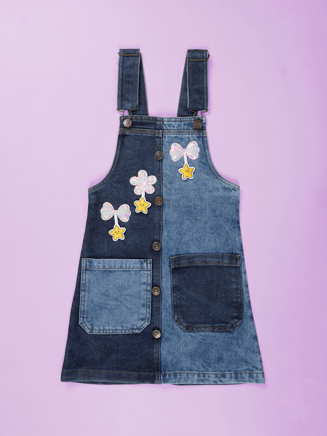 KiddoPanti Girls Stars & Floral-Applique Dungarees