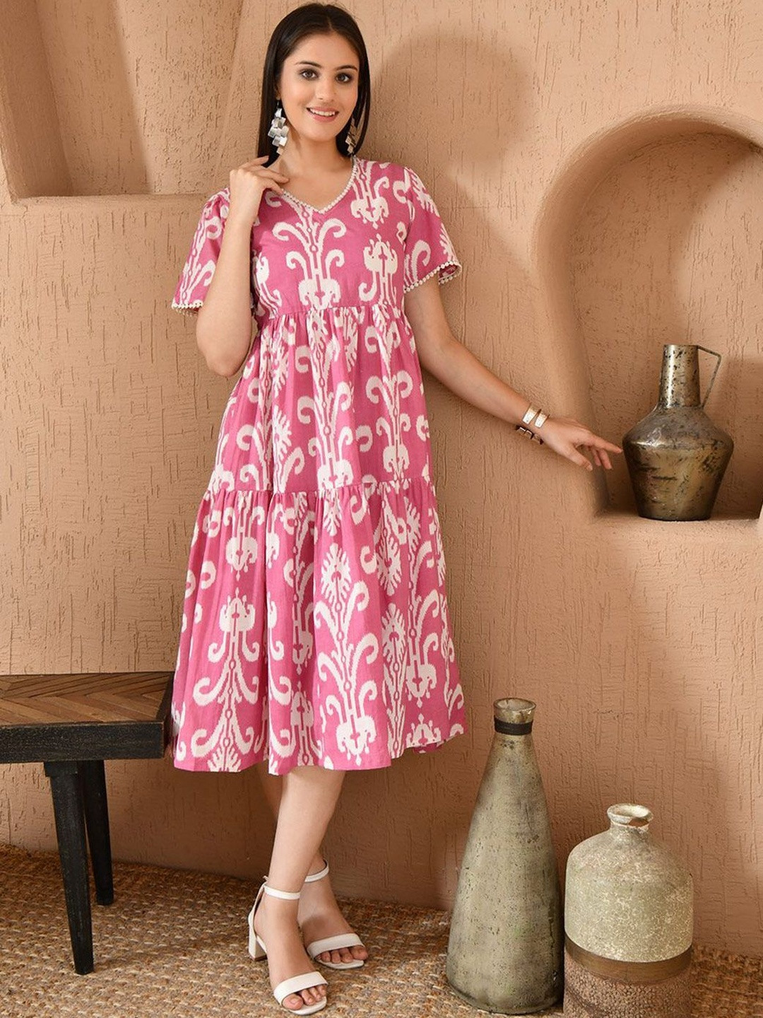 KALINI Women Ikat Printed Fit & Flare Pocket Dress