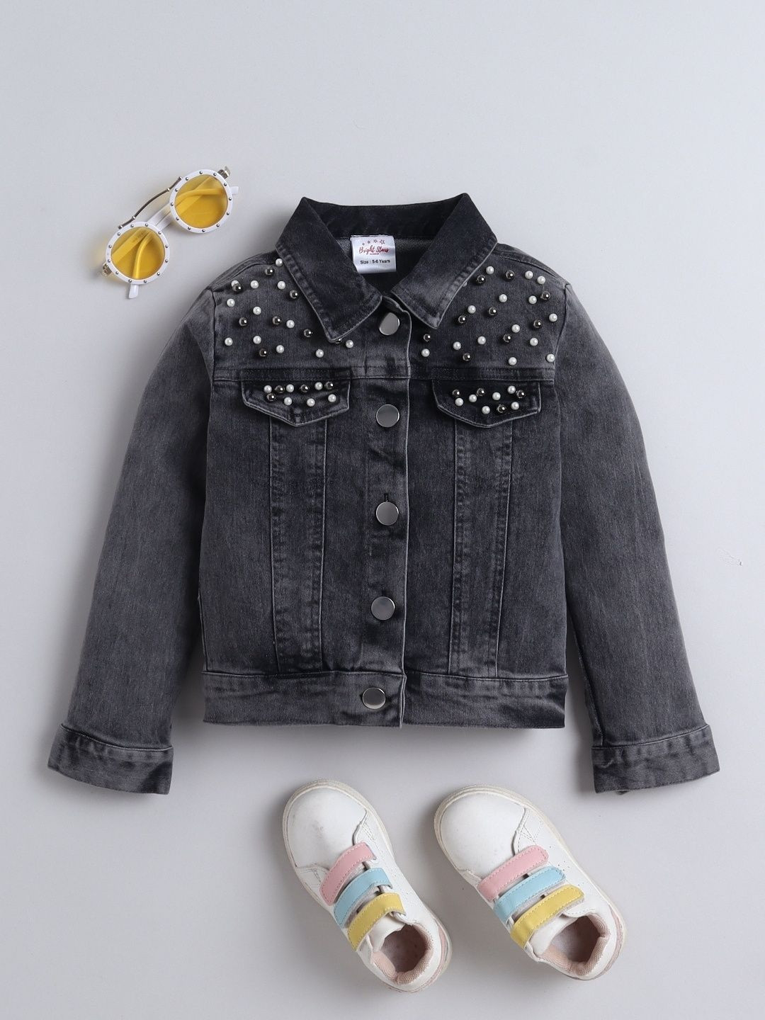 BRIGHT STARS KIDSWEAR Girls Embellished Full Sleeves  Denim Jacket