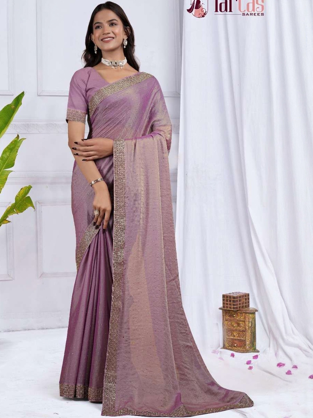 Tarlas Sarees Embellished Beads & Stones Pure Linen Heavy Work Saree With Blouse Piece