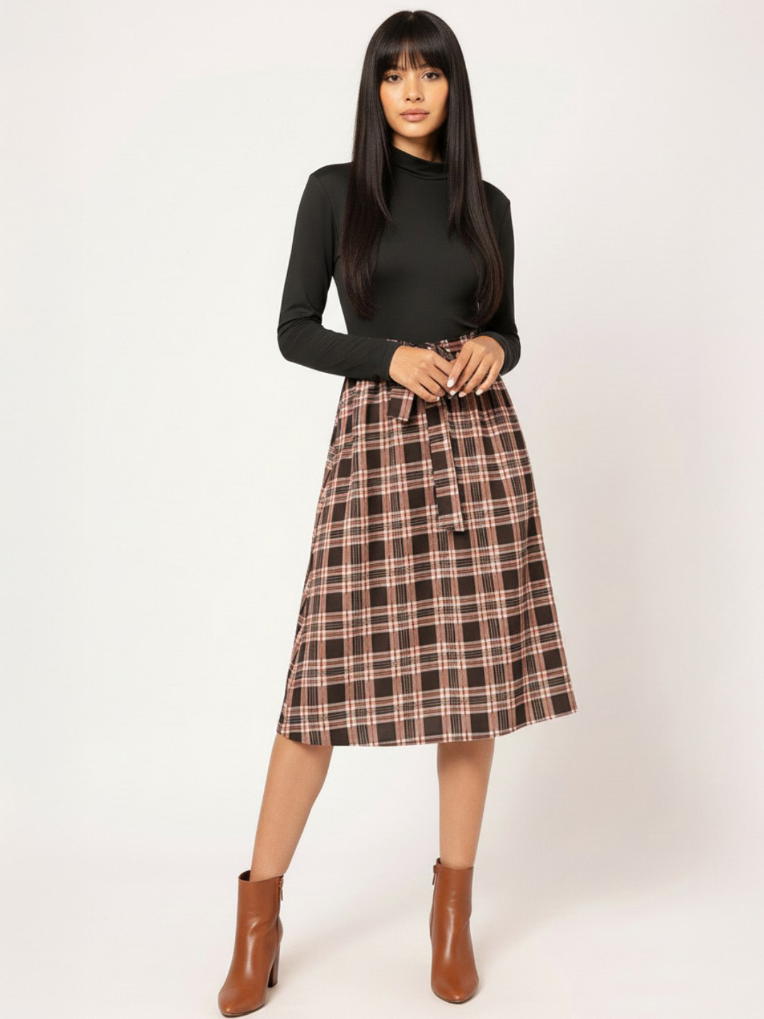 DressBerry 2000s Throwback Checked A-Line Dress with Belt