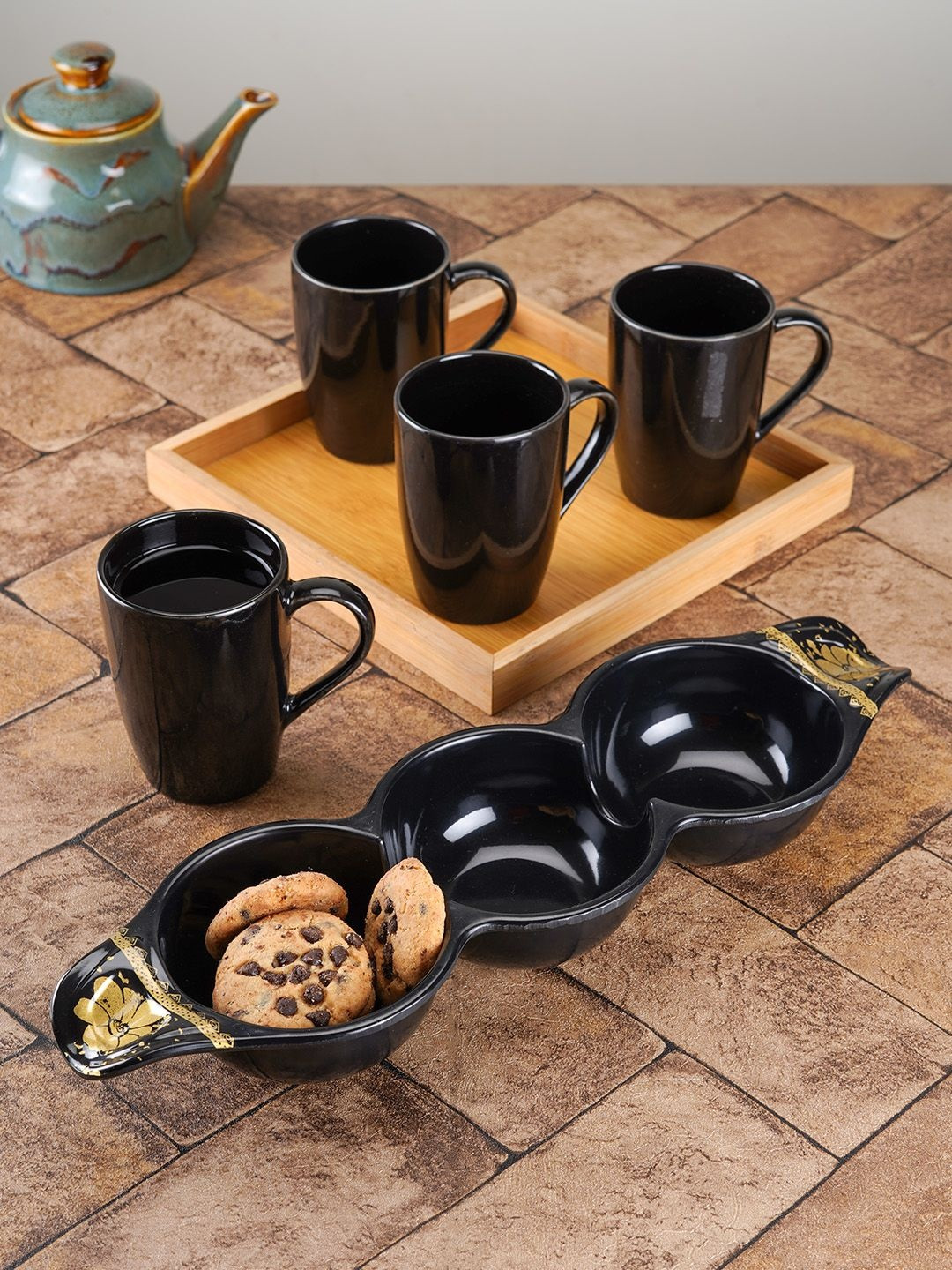 Aura Black 4 Ceramic Glossy With Serving Bowl Tray