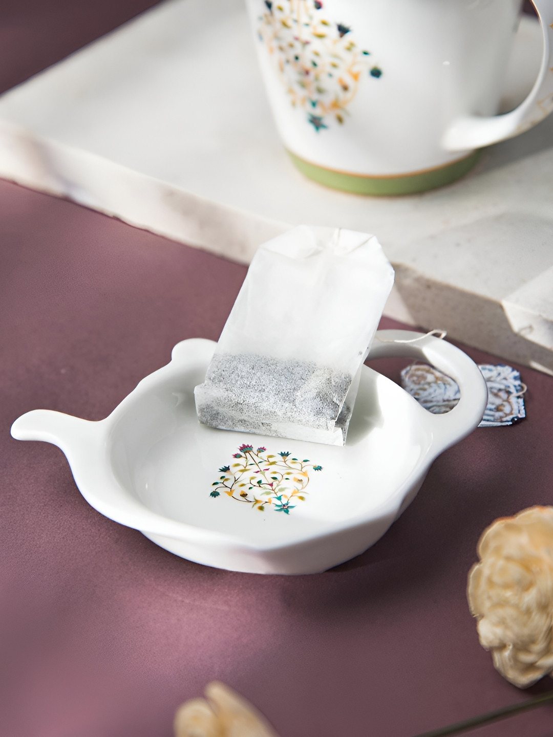 Fabindia Suvarn White & Green Printed Ceramic Tea Bag Holder