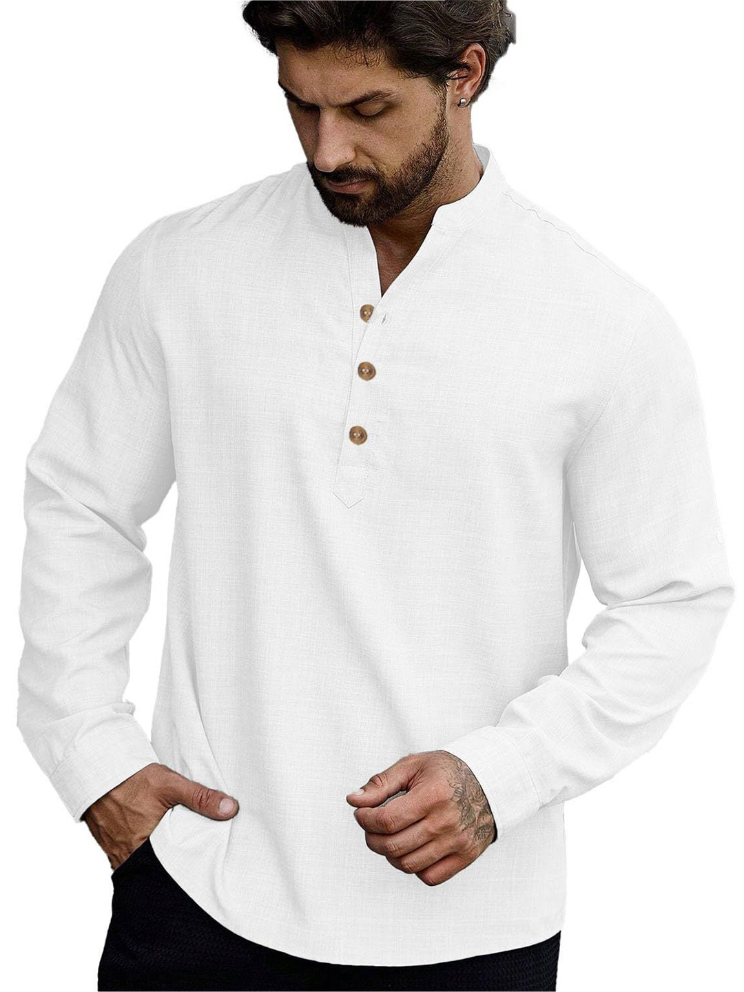 AMRIT TOP WEAR Band Collar Roll-Up Sleeves Cotton Stright Kurta