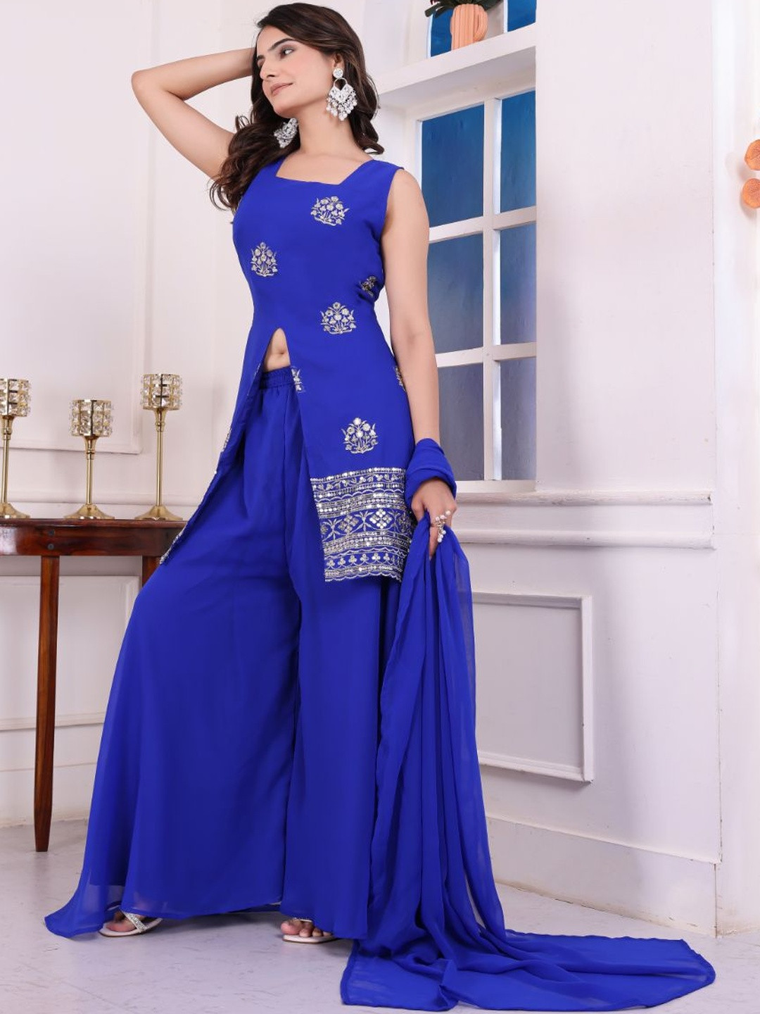 Varsha Fashion Women Ethnic Motifs Embroidered Sequinned Kurta Palazzos & Dupatta
