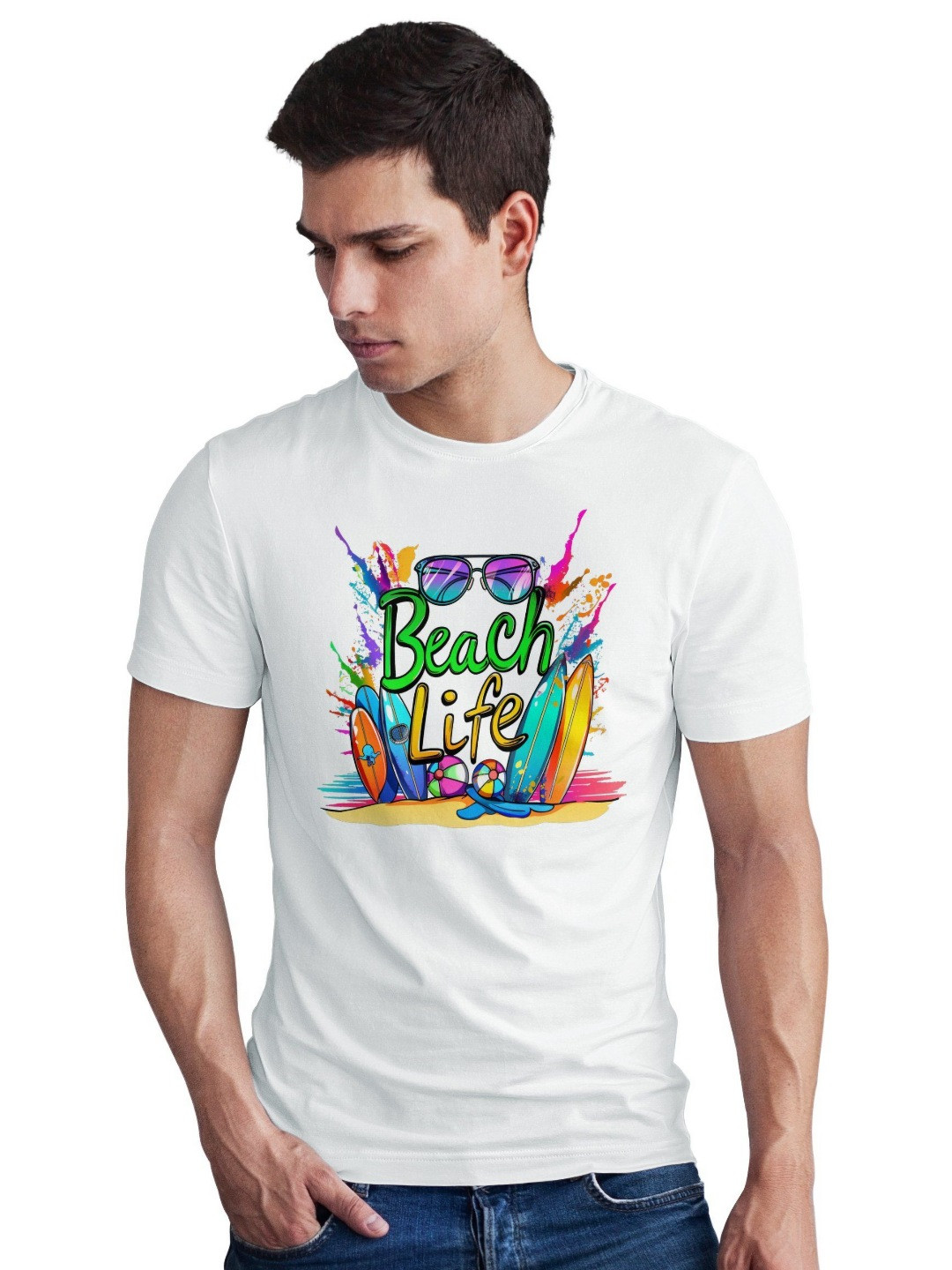 Seekbuylove Men Bio Finish Beach Life Round Neck Pure Cotton T-shirt