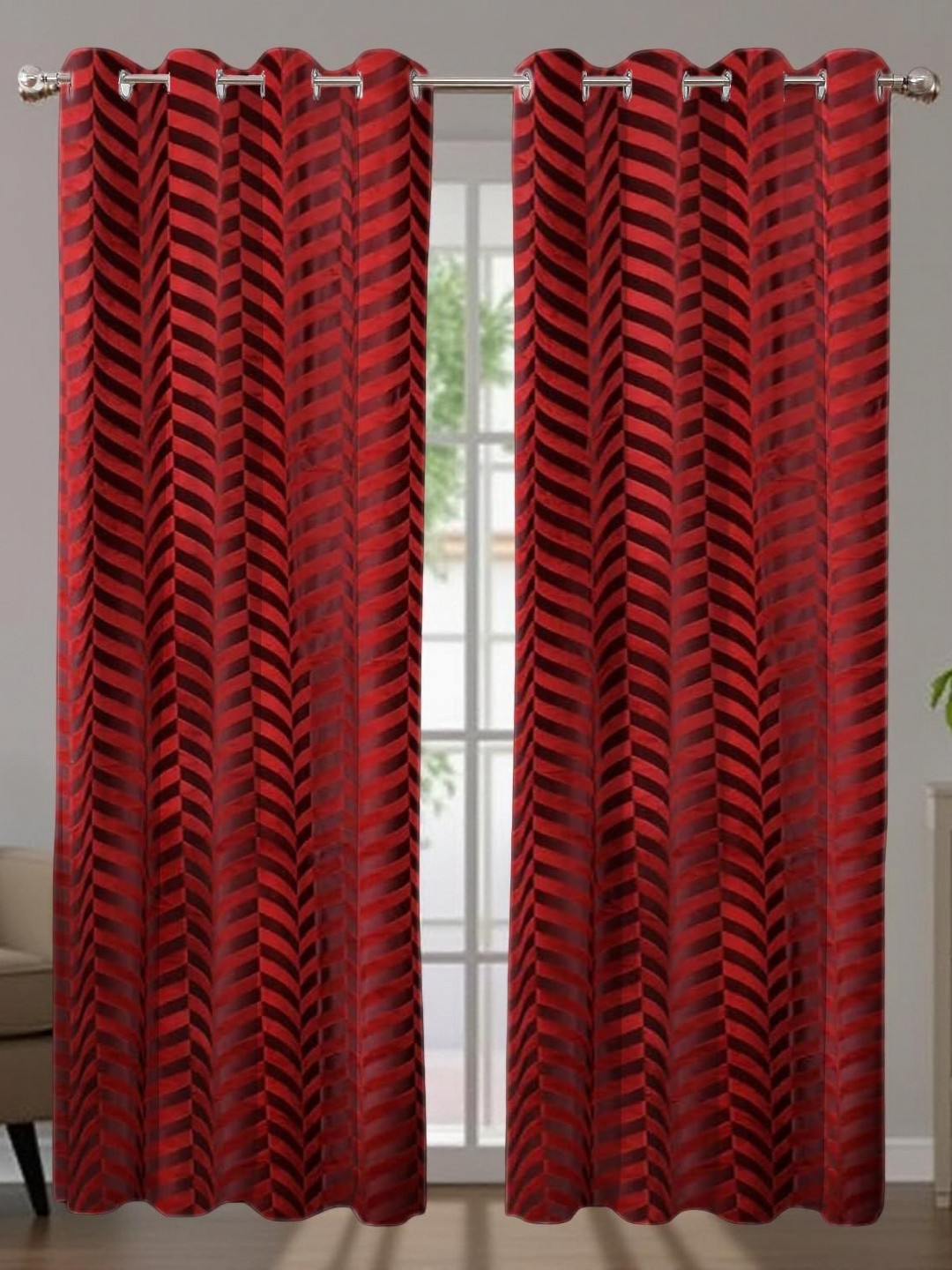 Aura Maroon 2 Pieces Geometric Printed Black Out Velvet Long Door Curtains