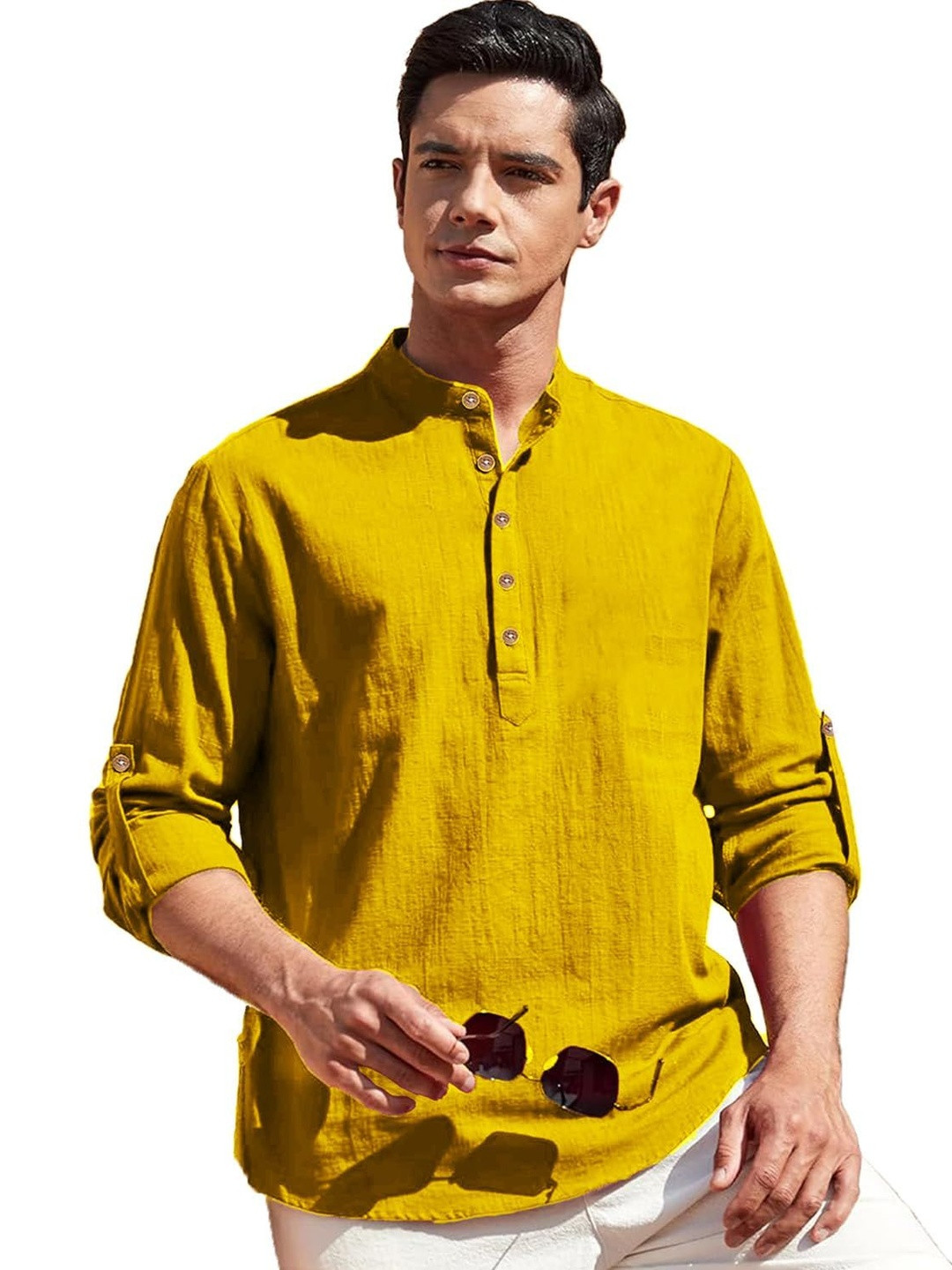 Edin Men Cotton Mandarin Collar Roll-Ups Kurtas