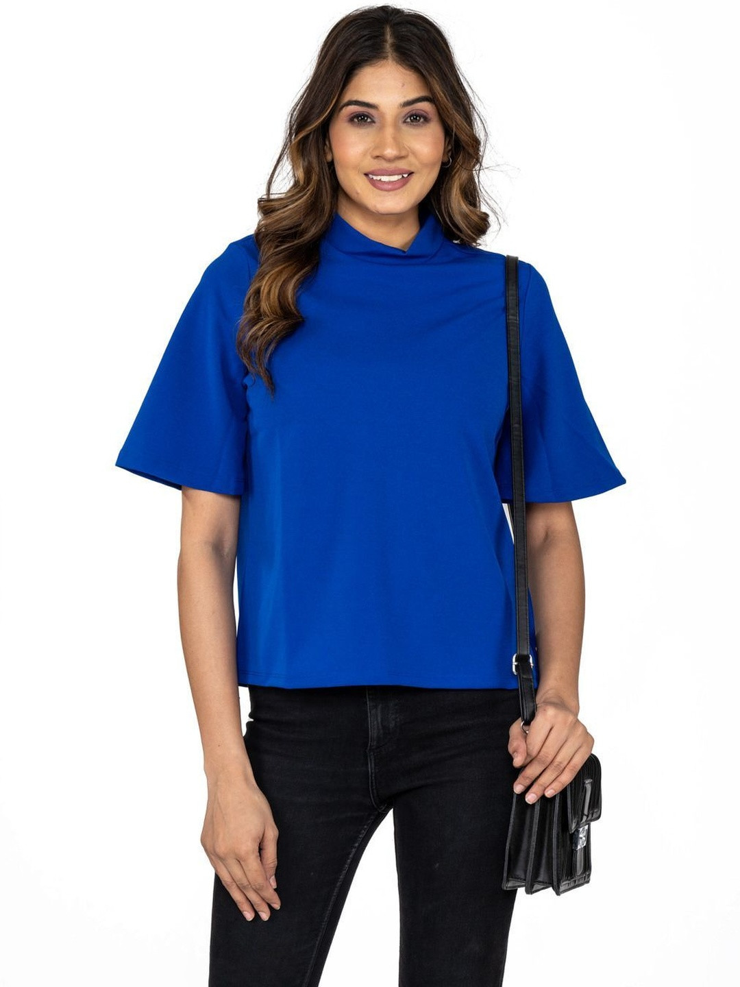 AMADORE Women Solid High Neck Short Bell Sleeves Regular Top