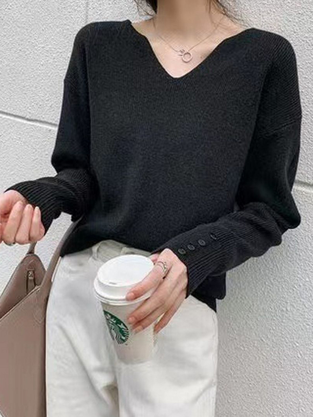 StyleCast Women Notched V-Neck Relaxed Fit Knit Sweater