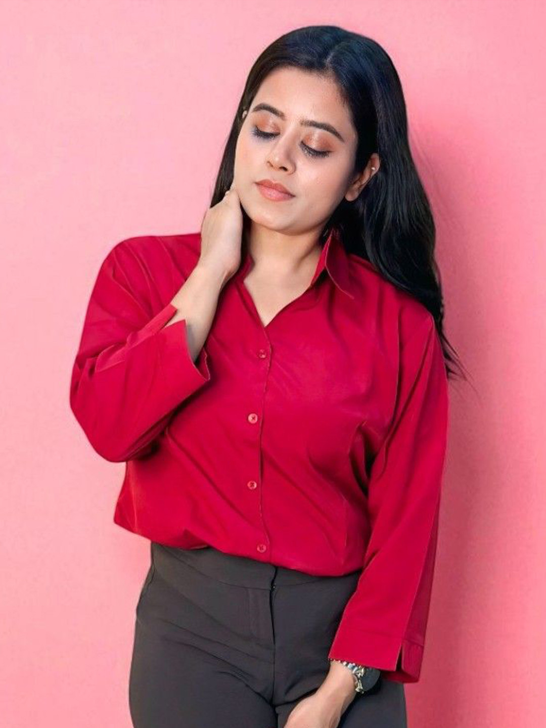 HOW House Of Wear Women Comfort Fit Solid Spread Collar Formal Shirt