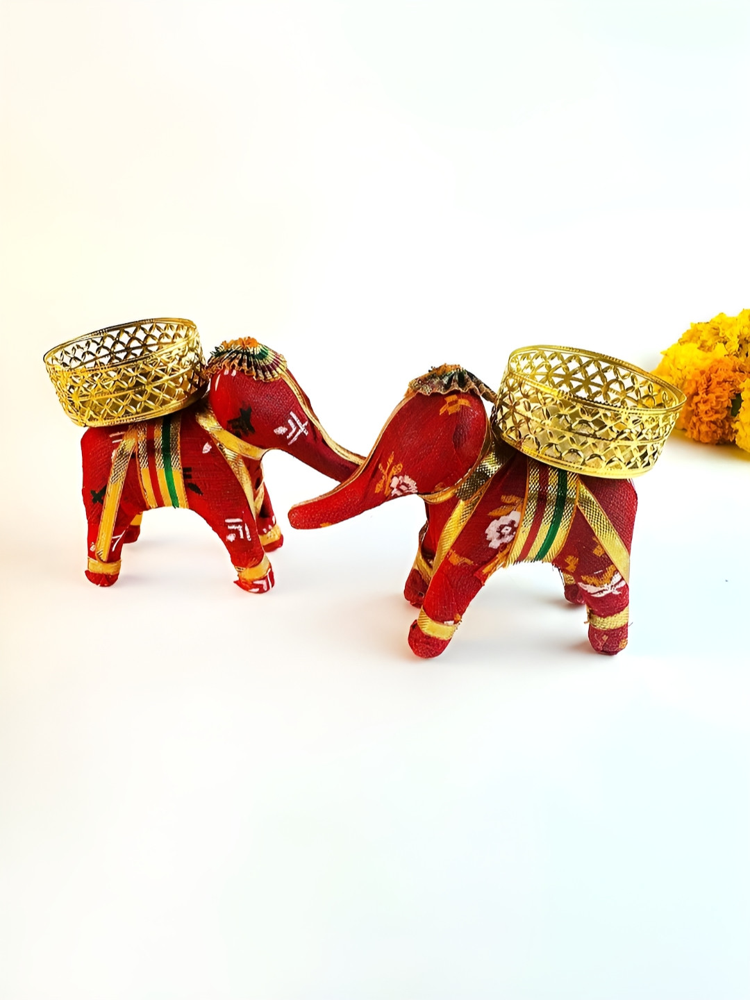 Giftii Red & Gold-Toned 2 Pieces Elephant Diya Holders