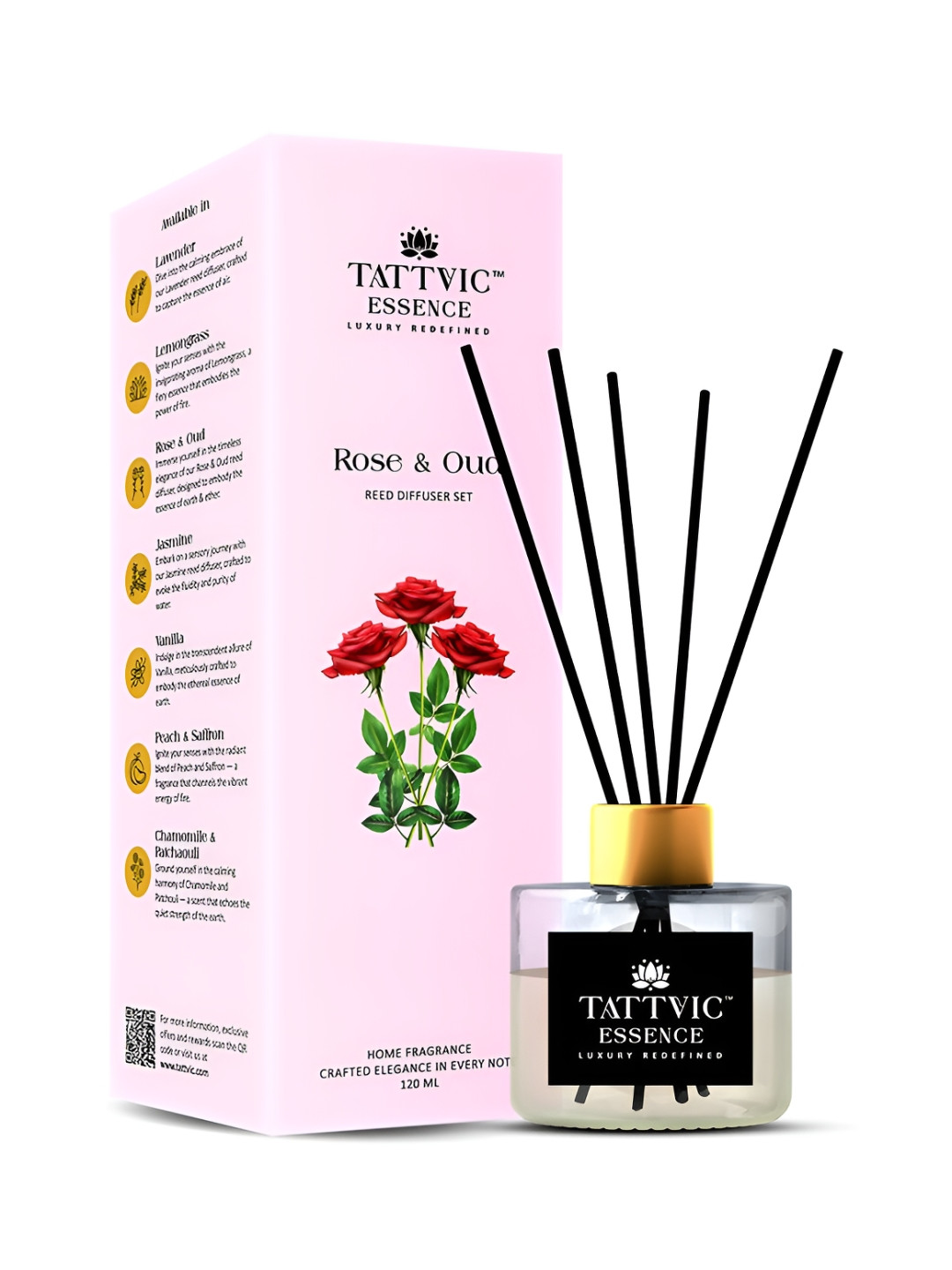 Tattvic Rose & Oud Aroma Oil Reed Diffuser 120ml