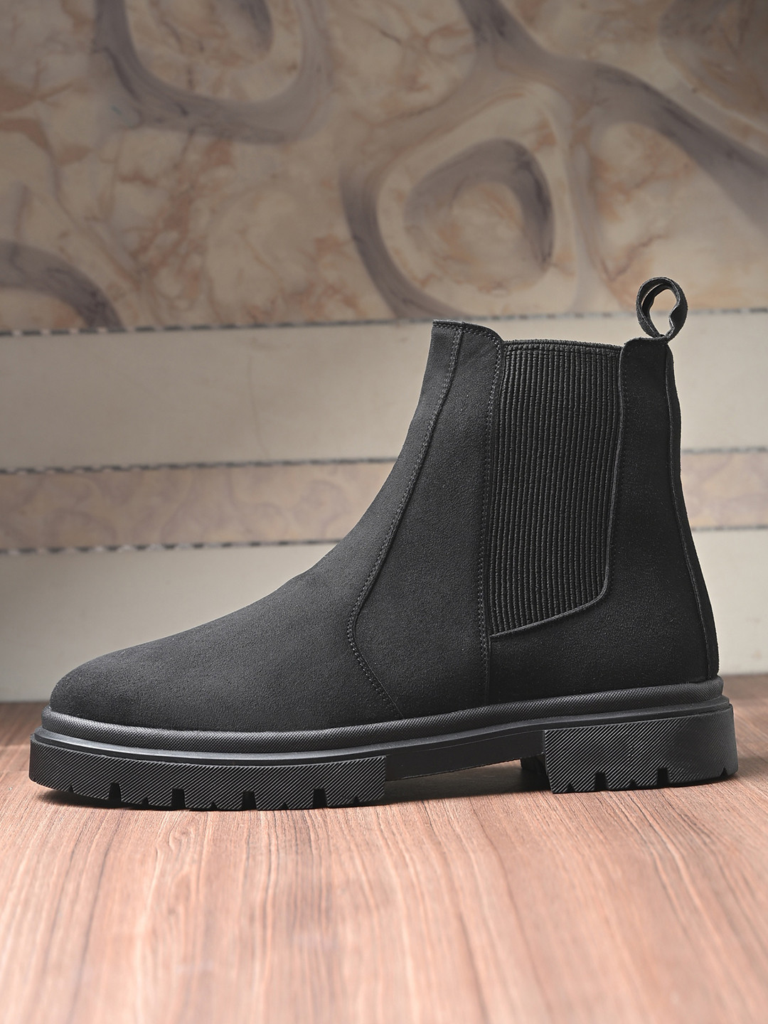 Roadster Men Black Self Design Round Toe Slip On Block Boots