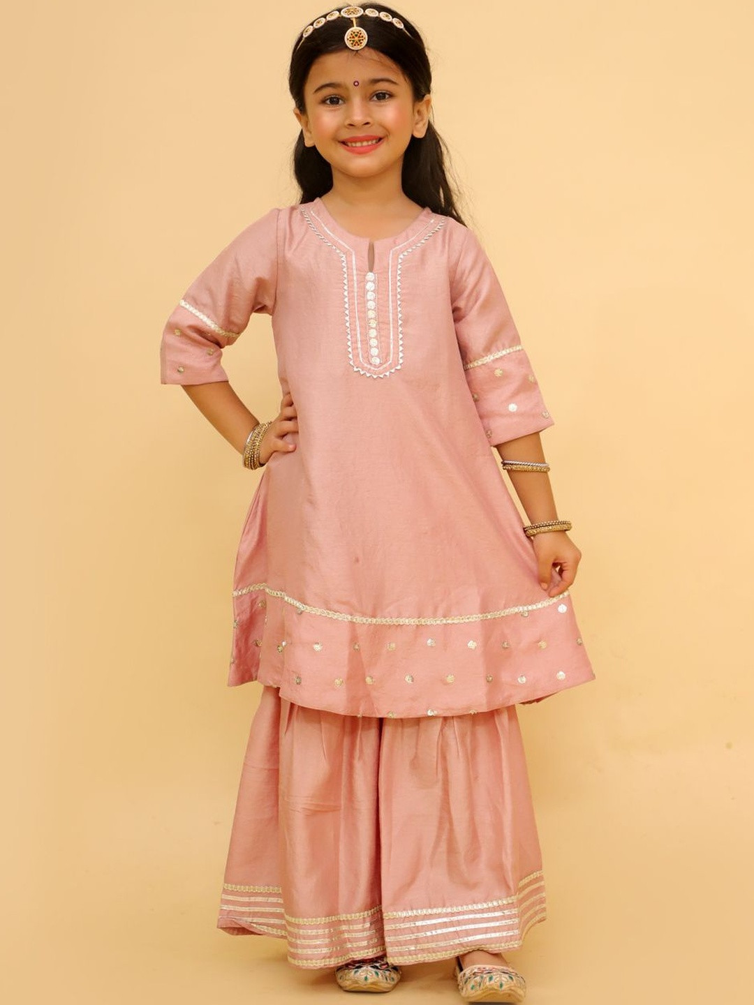 The Mom Store Girls Keyhole Neck Gotta Patti Work A-Line Kurta With Sharara