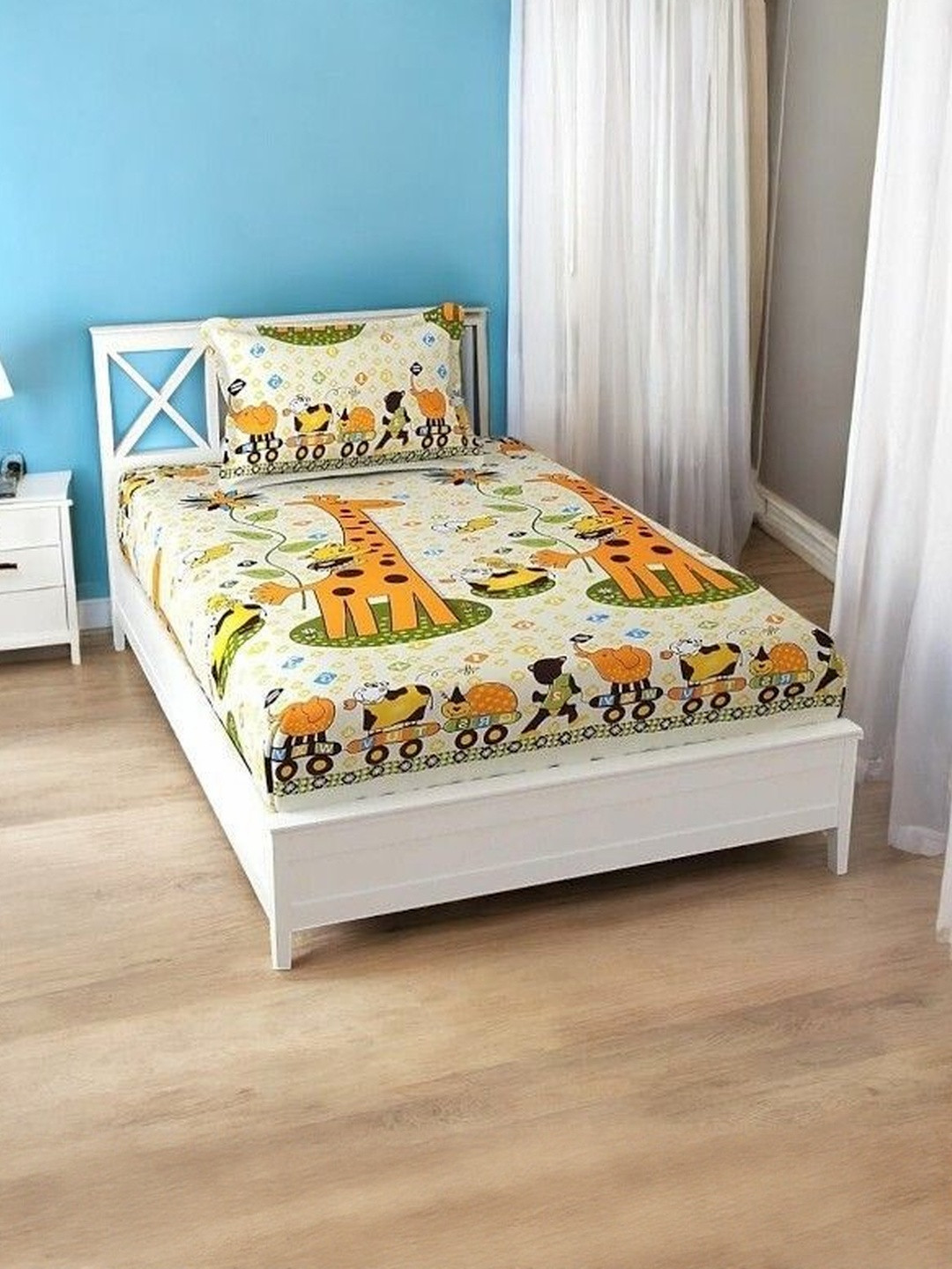 WELLNEST Yellow & Black 210 TC Single Cotton Bedsheet with 1 Pillow Covers 3.5 X 6.5 Ft