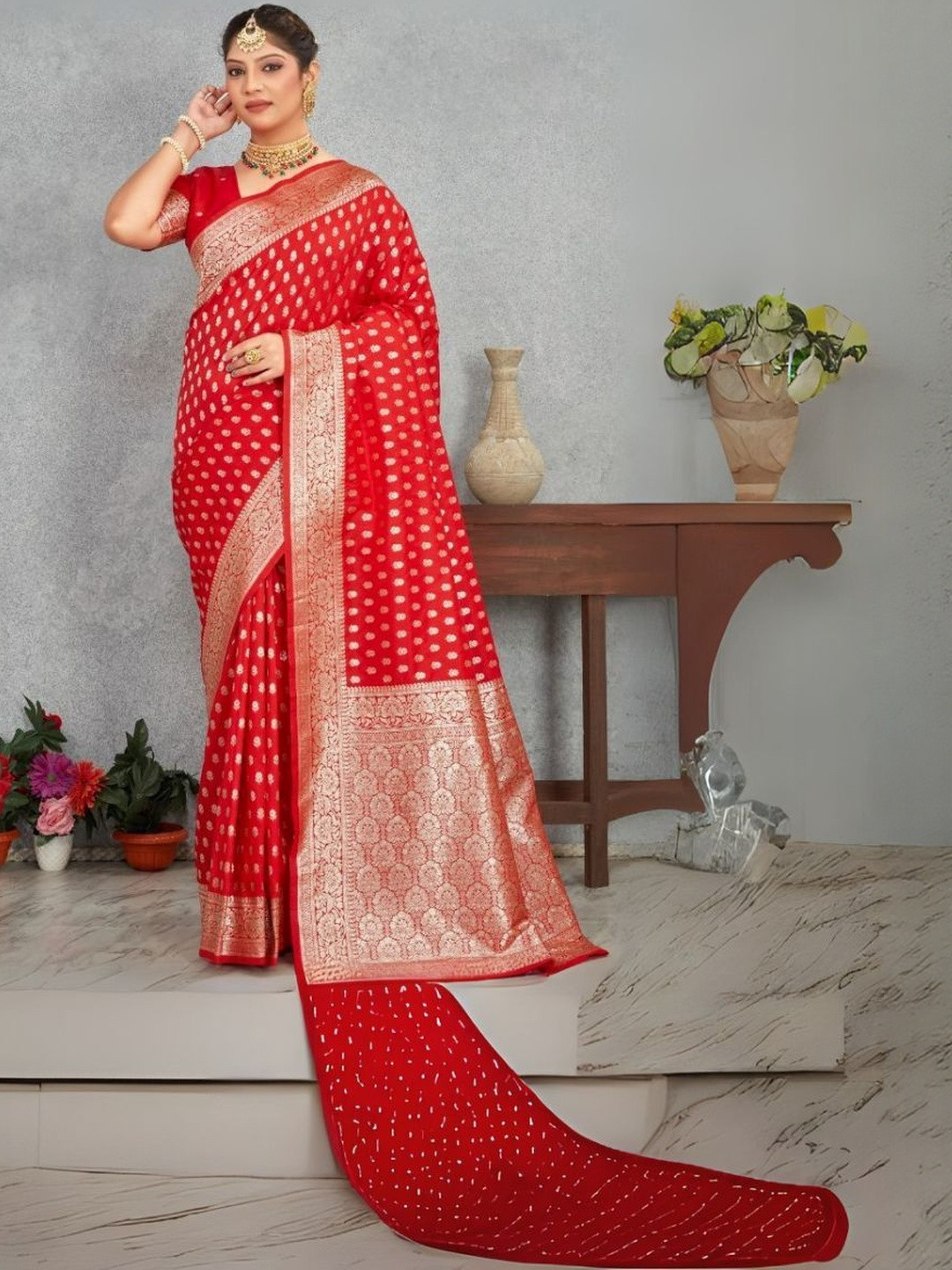PEACH PIPER Ethnic Motif Woven Design Zari Banarasi Saree With Blouse