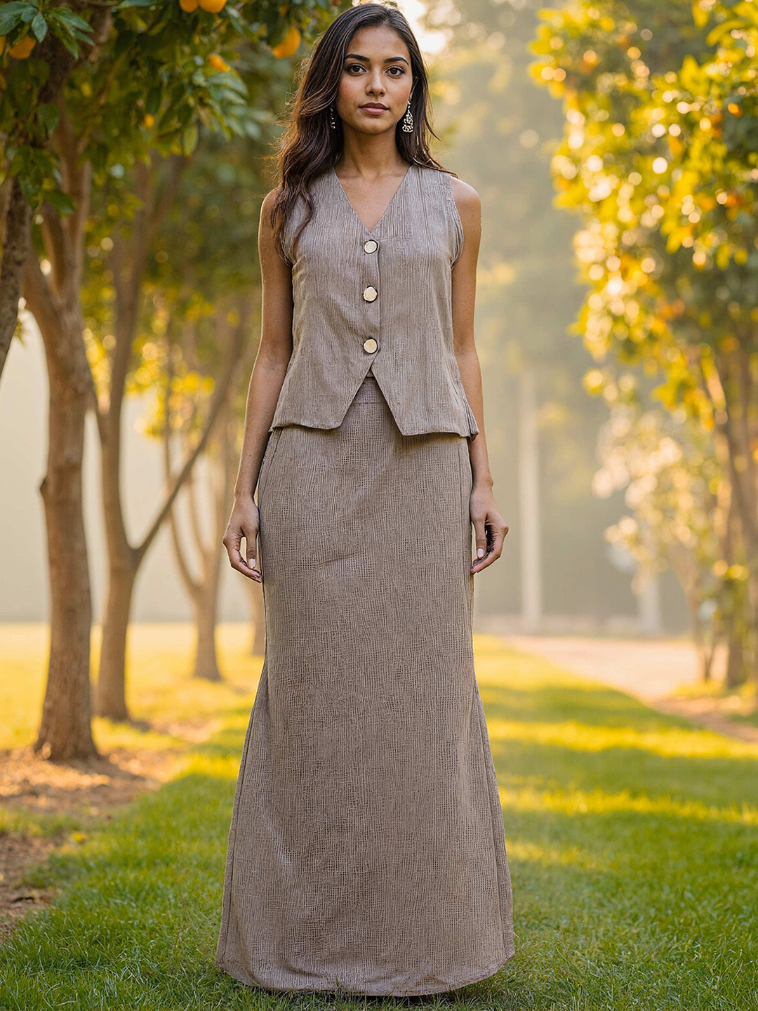 Naava V-Neck Sleeveless Linen Waistcoat With A-Line Maxi Skirt