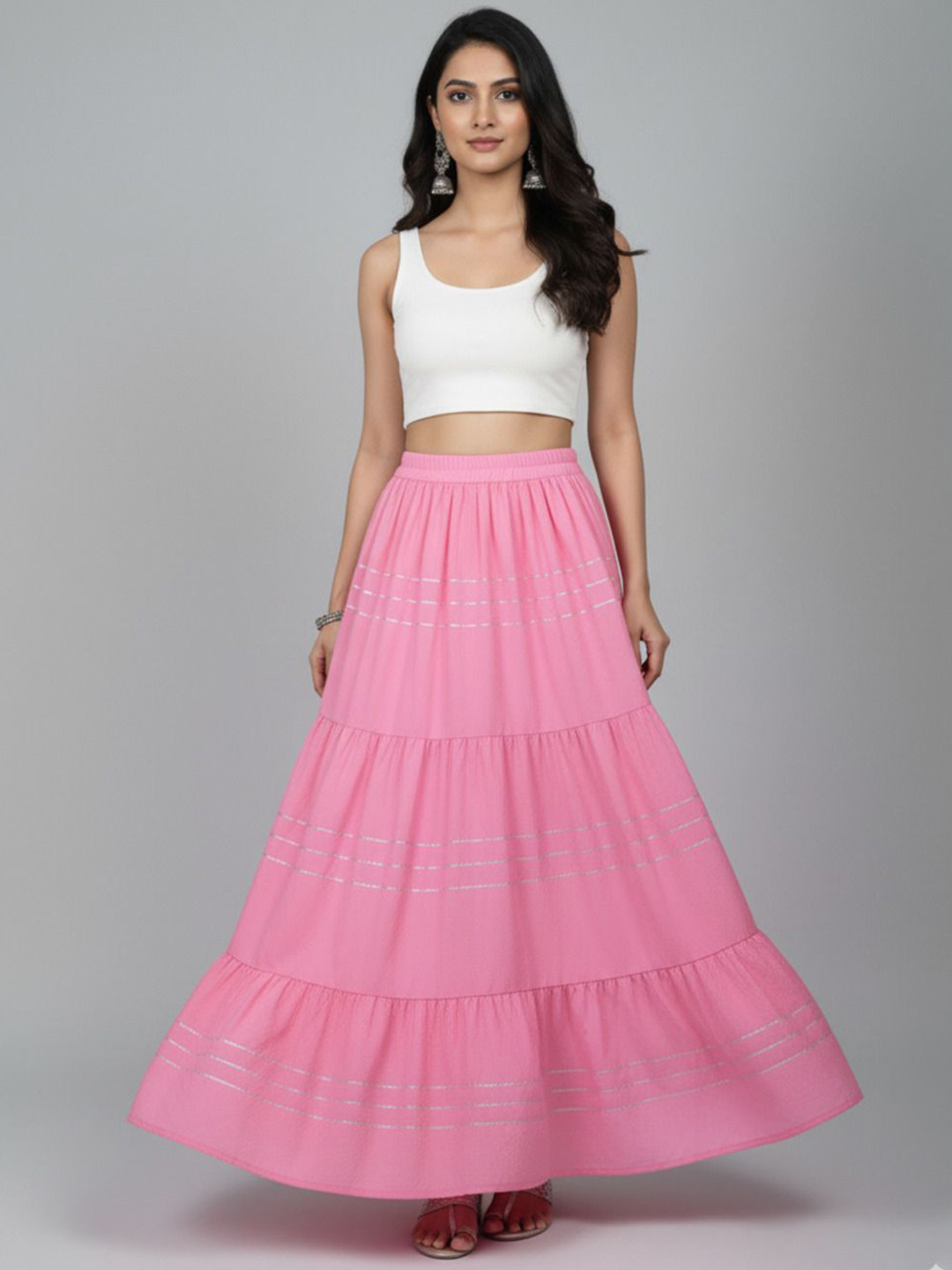 PalloStyle Women Striped Flared Anarkali Maxi Skirts with Gotta Lace Work