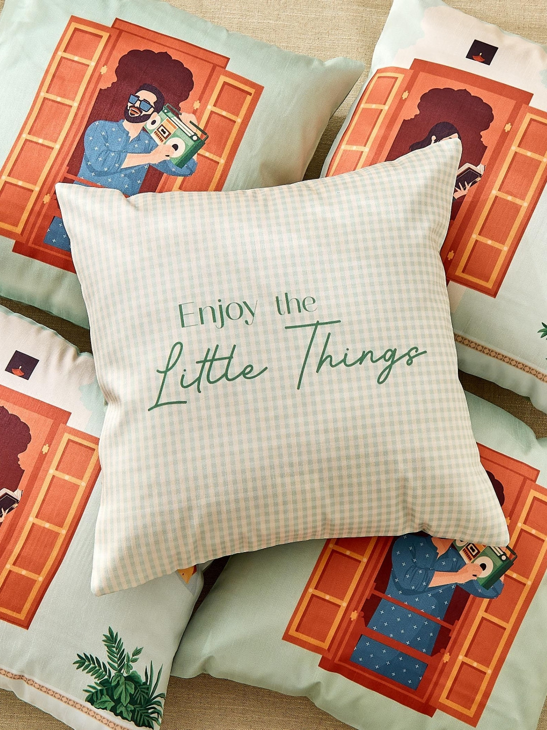 Home Centre Vera Little Things Set of 5 Green & White Square Cushion Covers - 40 x 40 cm