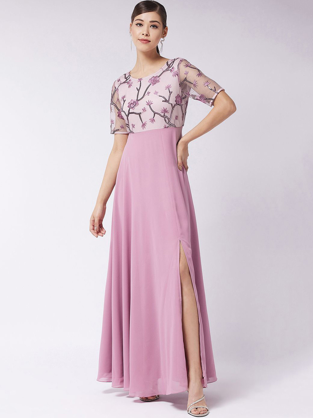 Miss Chase Women Dusty Lavender Round Neck Half Sleeve Solid Embellished Maxi Dress