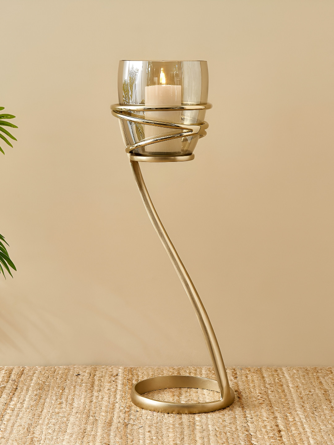 Home Centre Brim Royale Gold-Toned Swirl Glass Candle Holder
