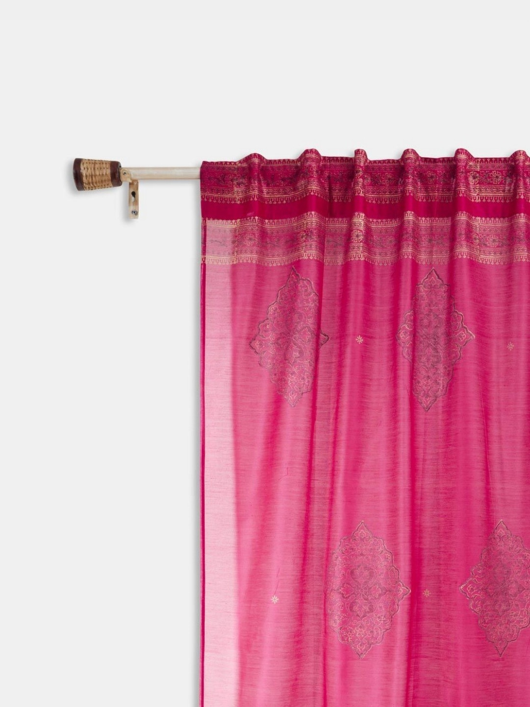 Fabindia Naisha Pink Ethnic Motifs Printed Cotton Silk Sheer Long Door Curtain