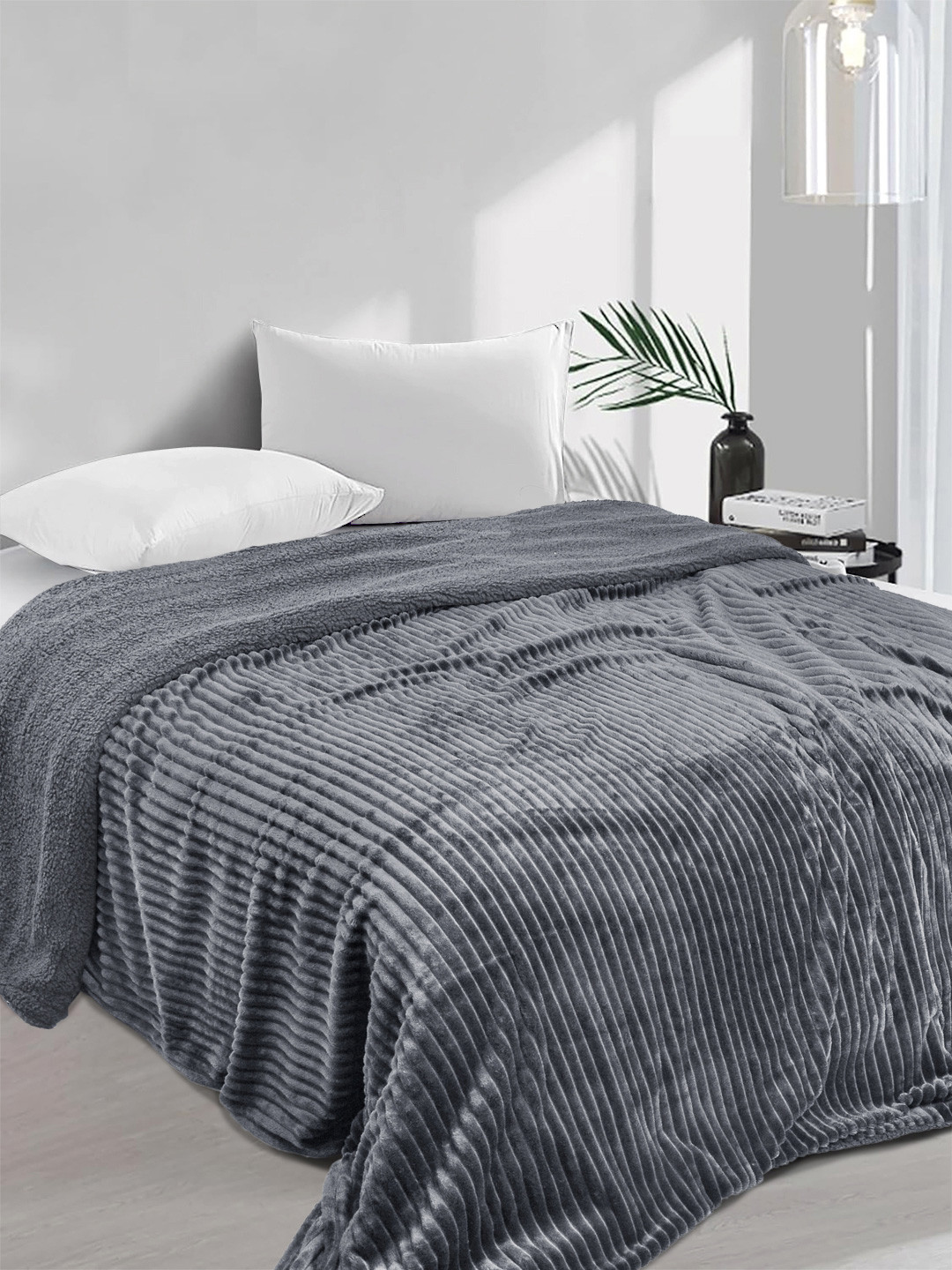FABINALIV Grey Striped Woollen Mild Winter 450 GSM Double Bed Comforter