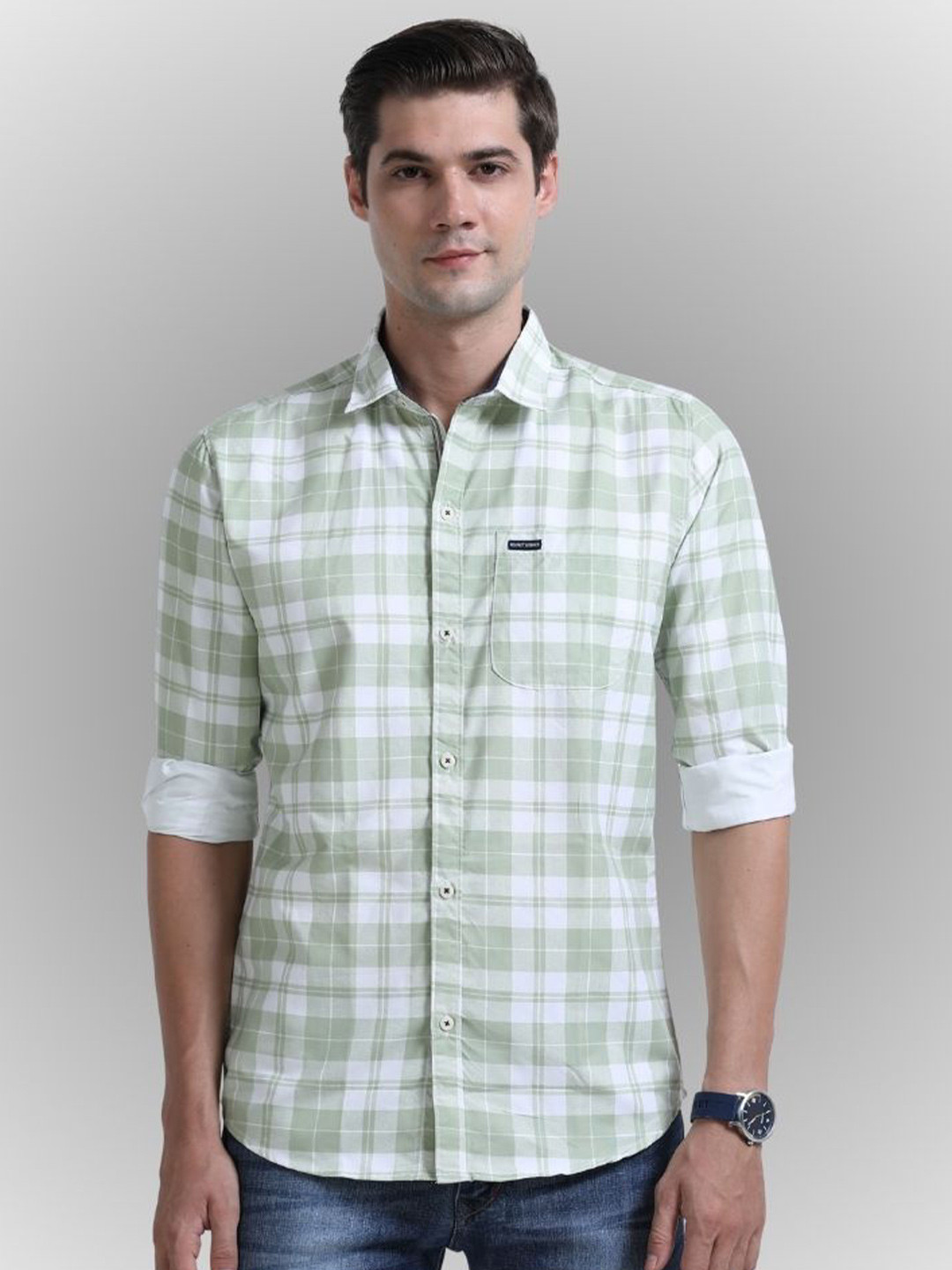 RS Fashions Checked Spread Collar Roll-Up Sleeves Comfort Slim Fit Casual Shirt