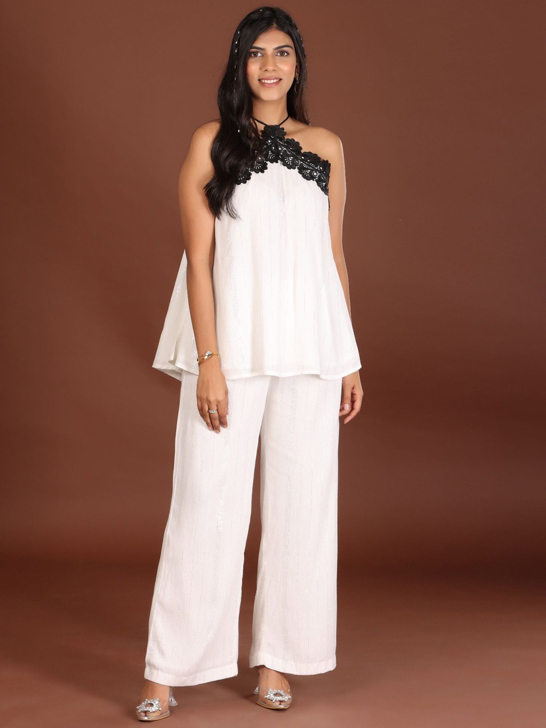 JIRAAZI Women Halter Neck Lace Linen Top With Trouser