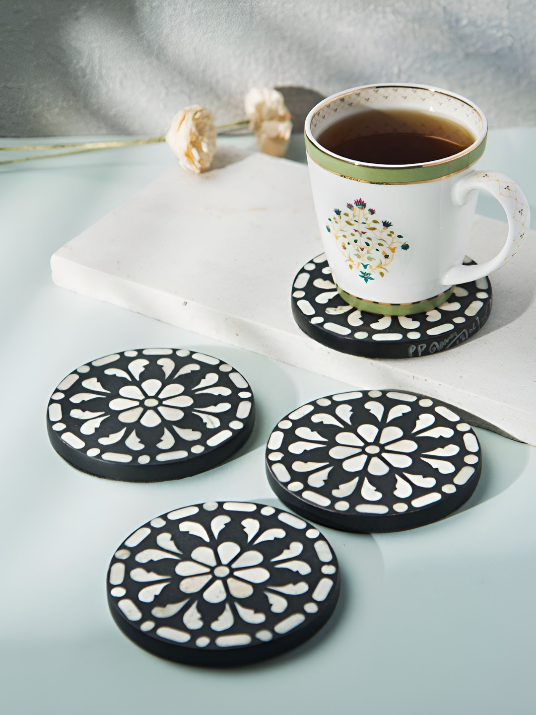 Fabindia Amaya Black & White 4 Pieces Printed Round Wooden Coasters