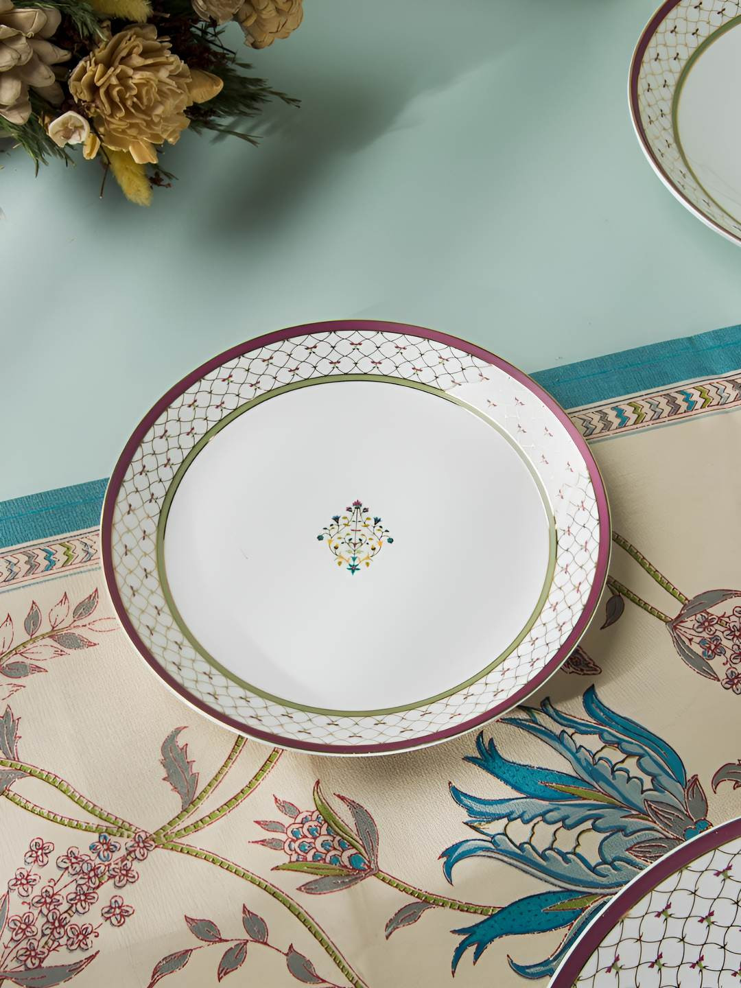 Fabindia Suvarn White & Pink Printed Ceramic Dishwasher Safe Quarter Plate