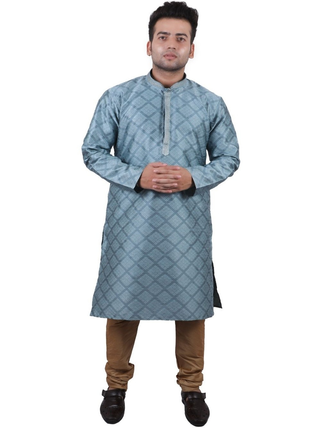 Hi Kilo thing Men Geometric Woven Design Mandarin Collar Kurta with Churidar