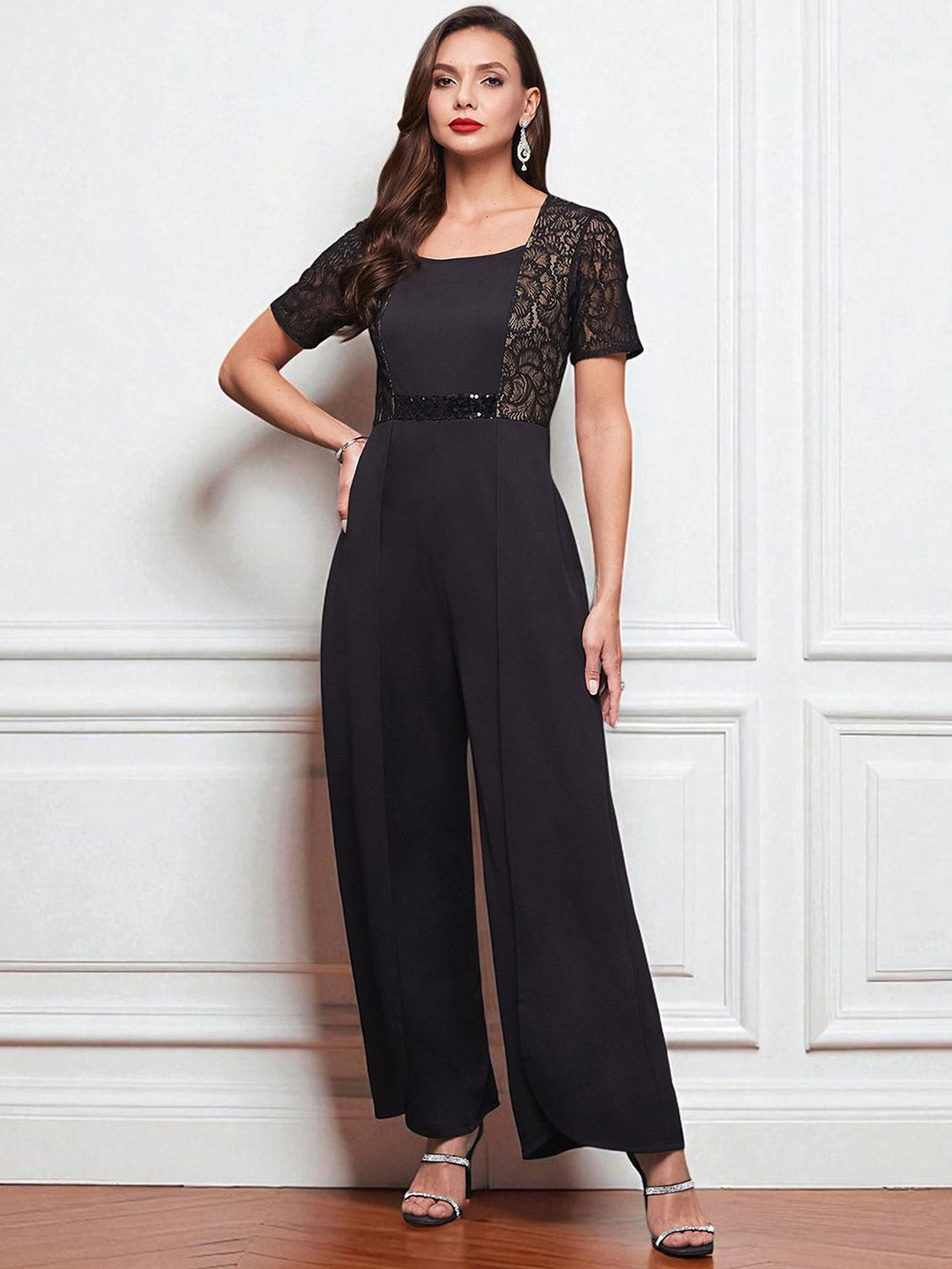 Miss Chase Self Design Bursting With Joy Lace Overlaid Square Neck Basic Jumpsuit