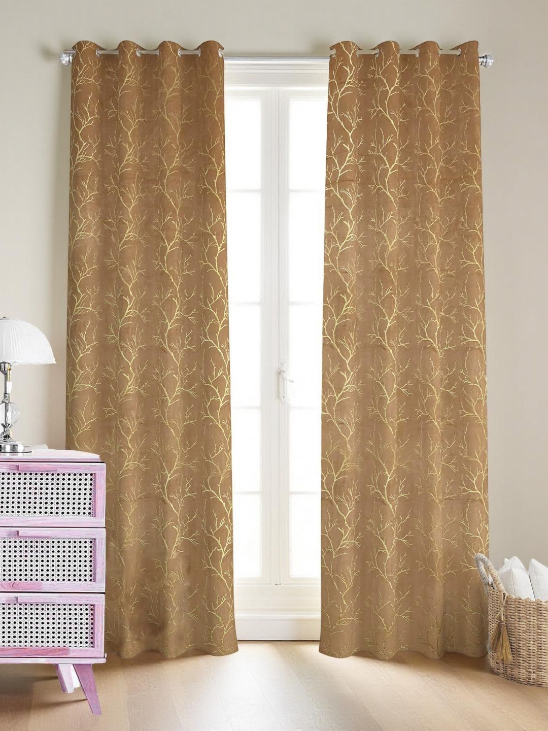 Aura Bronze & Gold-Toned 2 Pieces Floral Room Darkening Long Door Curtains