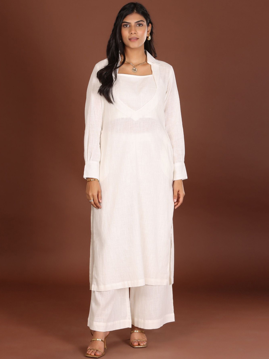 JIRAAZI Shirt Collar Pure Cotton Crop Top & Long Top With Palazzos