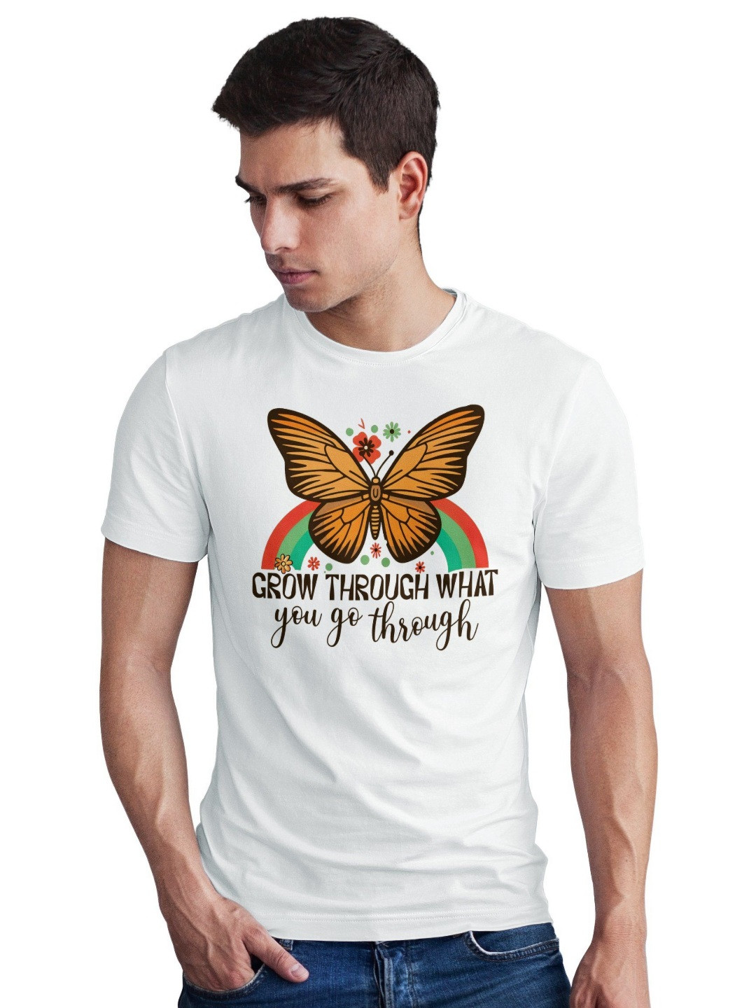 Seekbuylove Men Bio Finish Butterfly Rainbow Round Neck Pure Cotton T-shirt