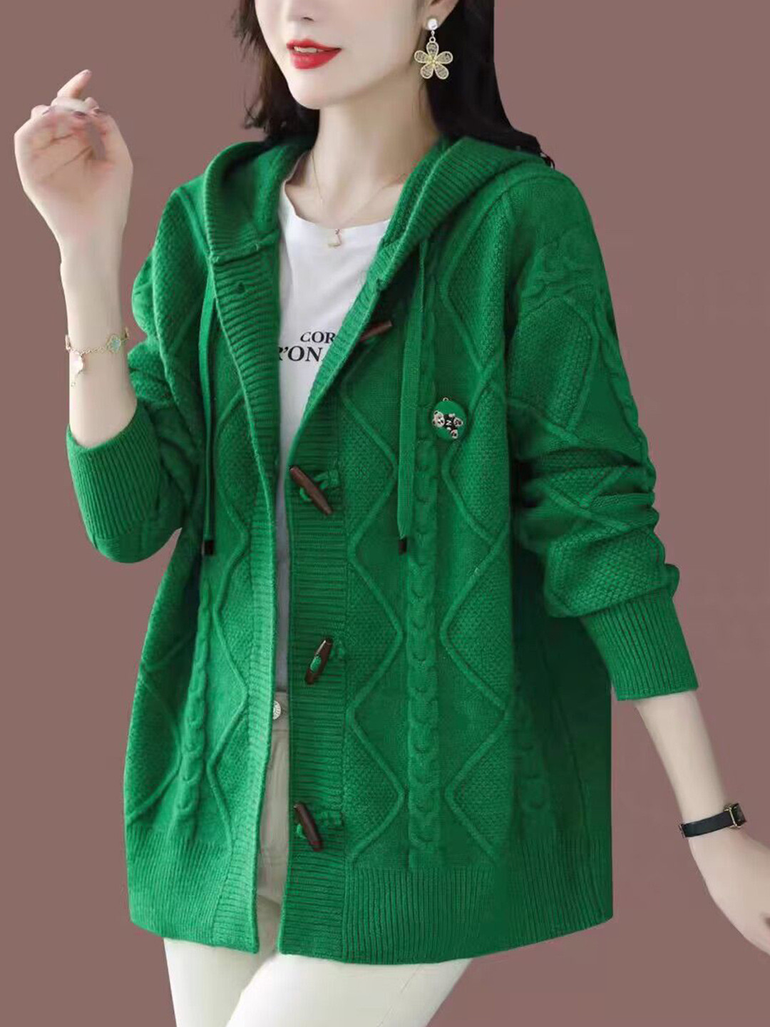 StyleCast Cable Knit Hooded Cardigan With Toggle Buttons