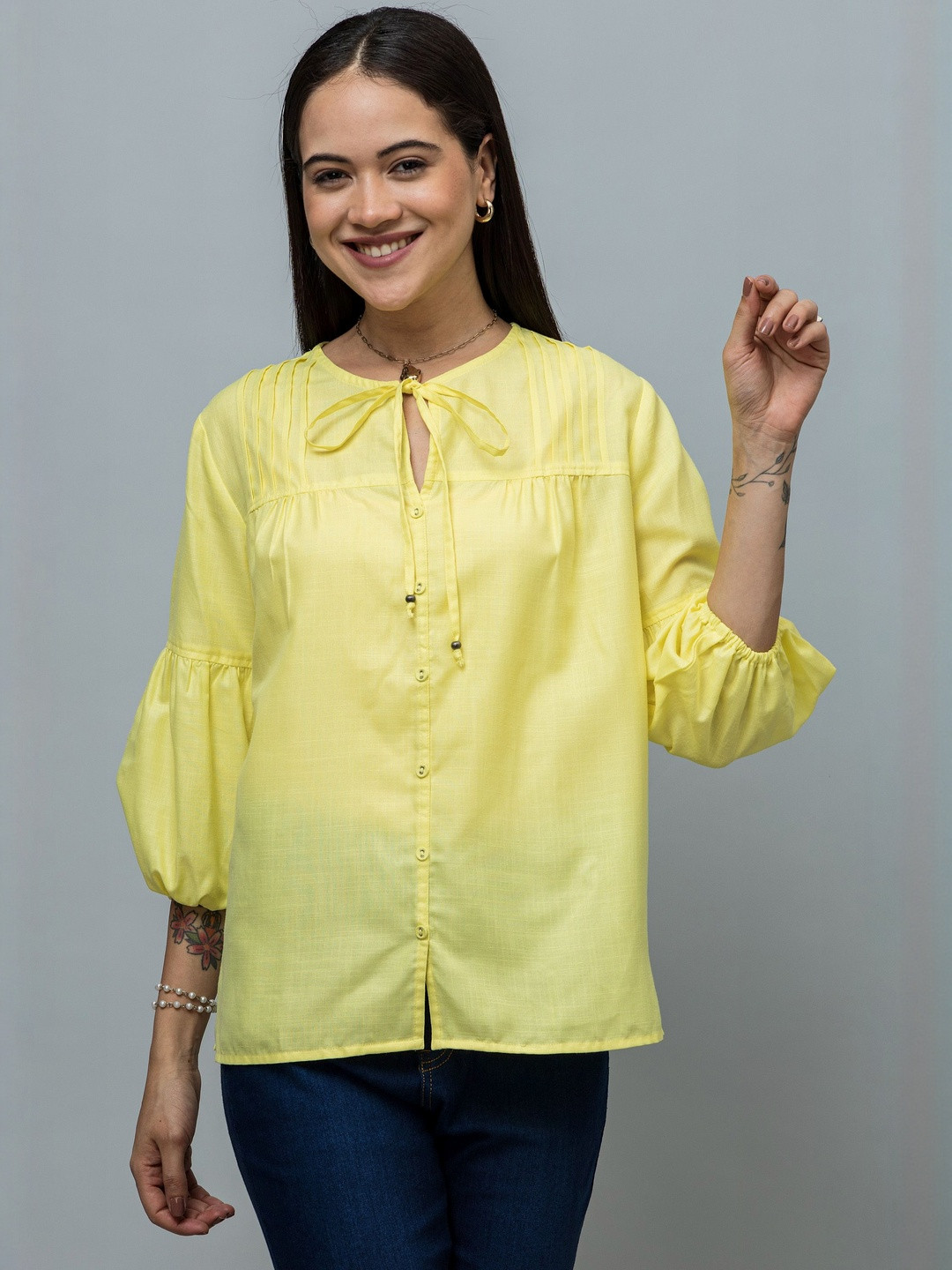 PURYS WORKSPACE Tie-Up Neck Puff Sleeve Linen Shirt Style Top