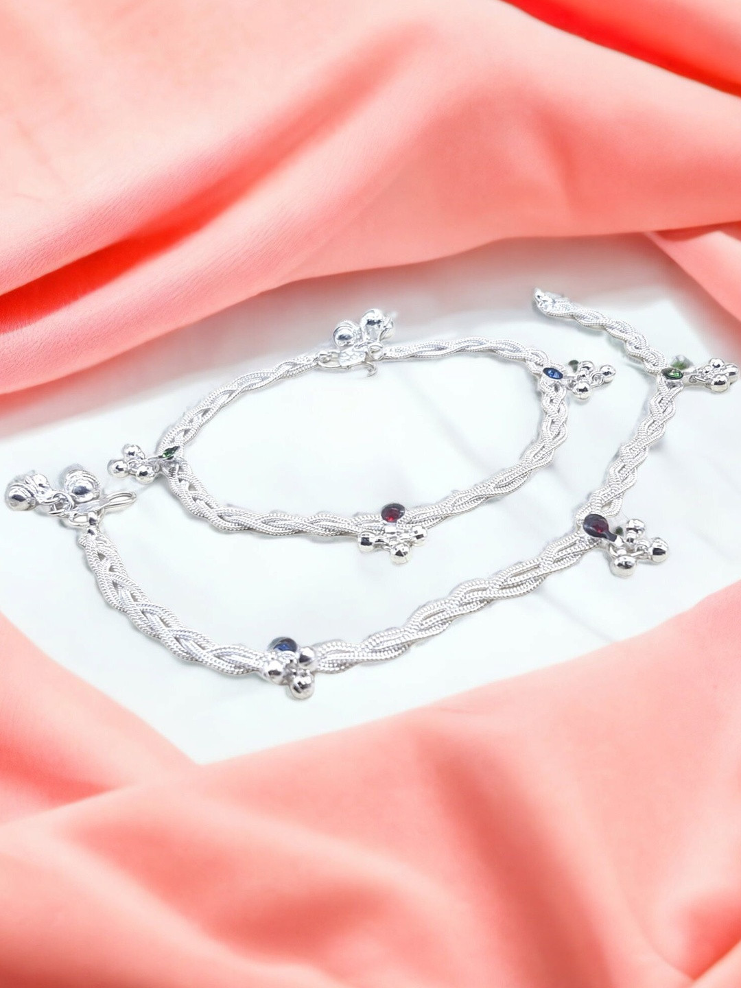 BR Ornaments Set Of 2 Women Silver-Plated Alloy Artificial Stones S-Hook Anklet